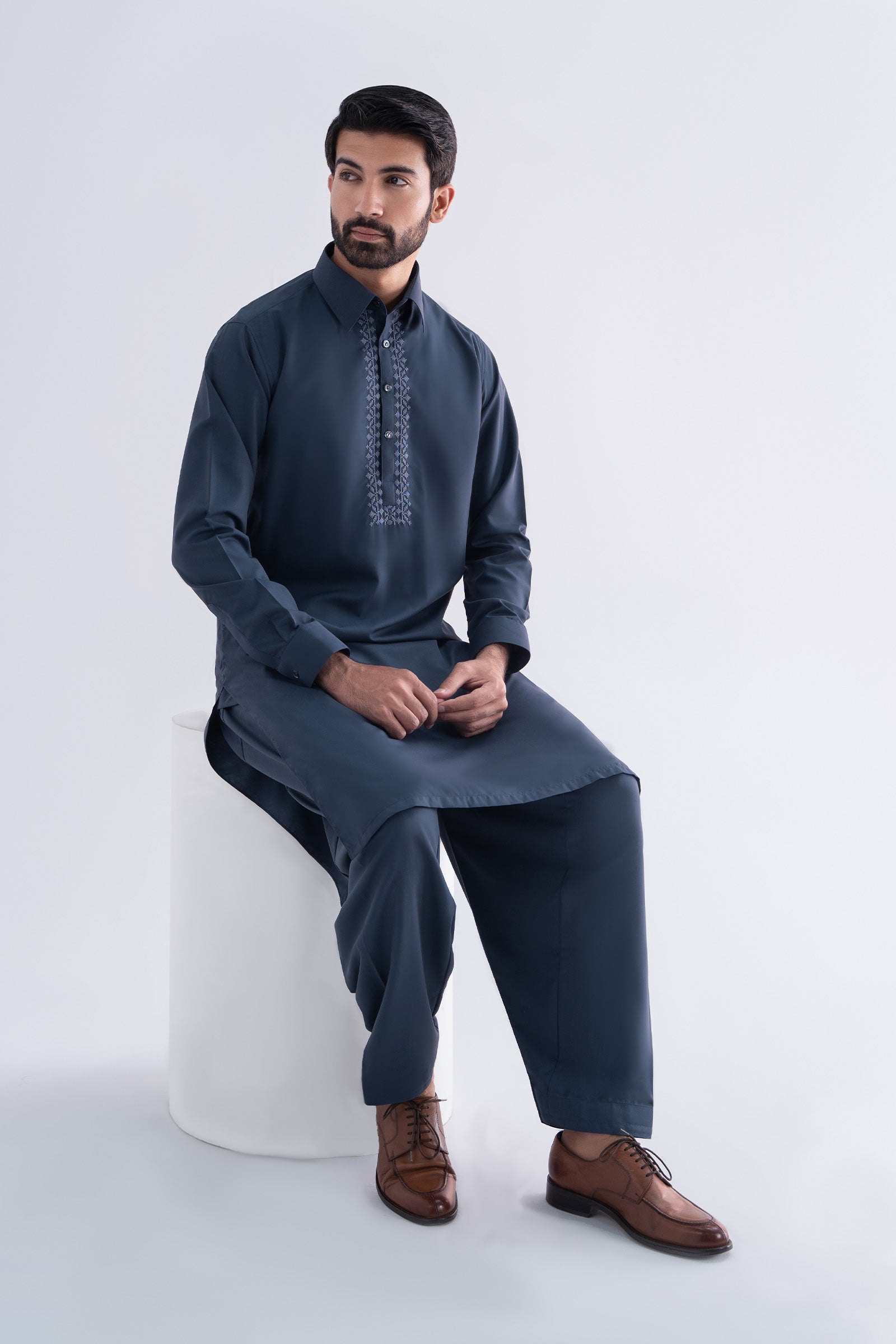 Smoke Grey Embroidered Blended Fabric Kurta Shalwar (2-Piece) - Image 3