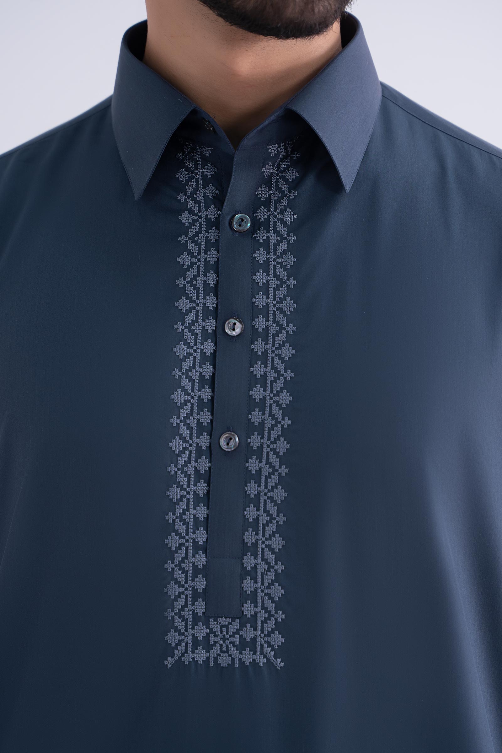 Smoke Grey Embroidered Blended Fabric Kurta Shalwar (2-Piece) - Image 4