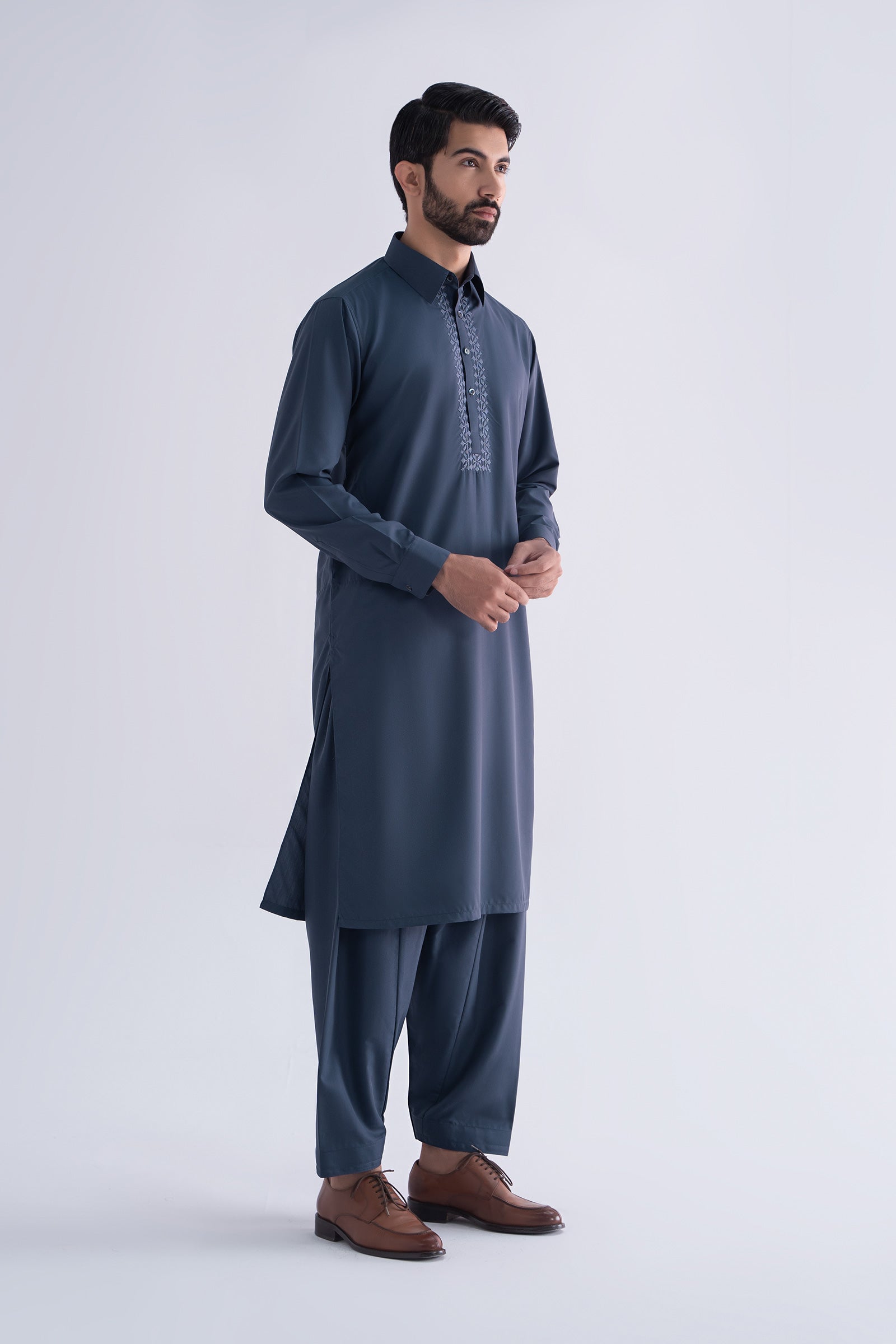 Smoke Grey Embroidered Blended Fabric Kurta Shalwar (2-Piece) - Image 5