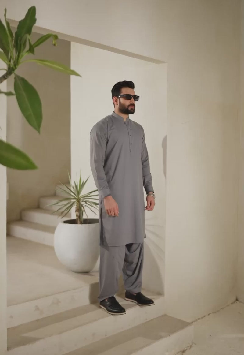 Grey Blended Fabric Kurta Shalwar (2-Piece) - Image 2