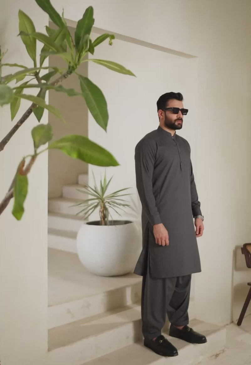 Pebble Grey Blended Fabric Kurta Shalwar (2-Piece) - Image 2