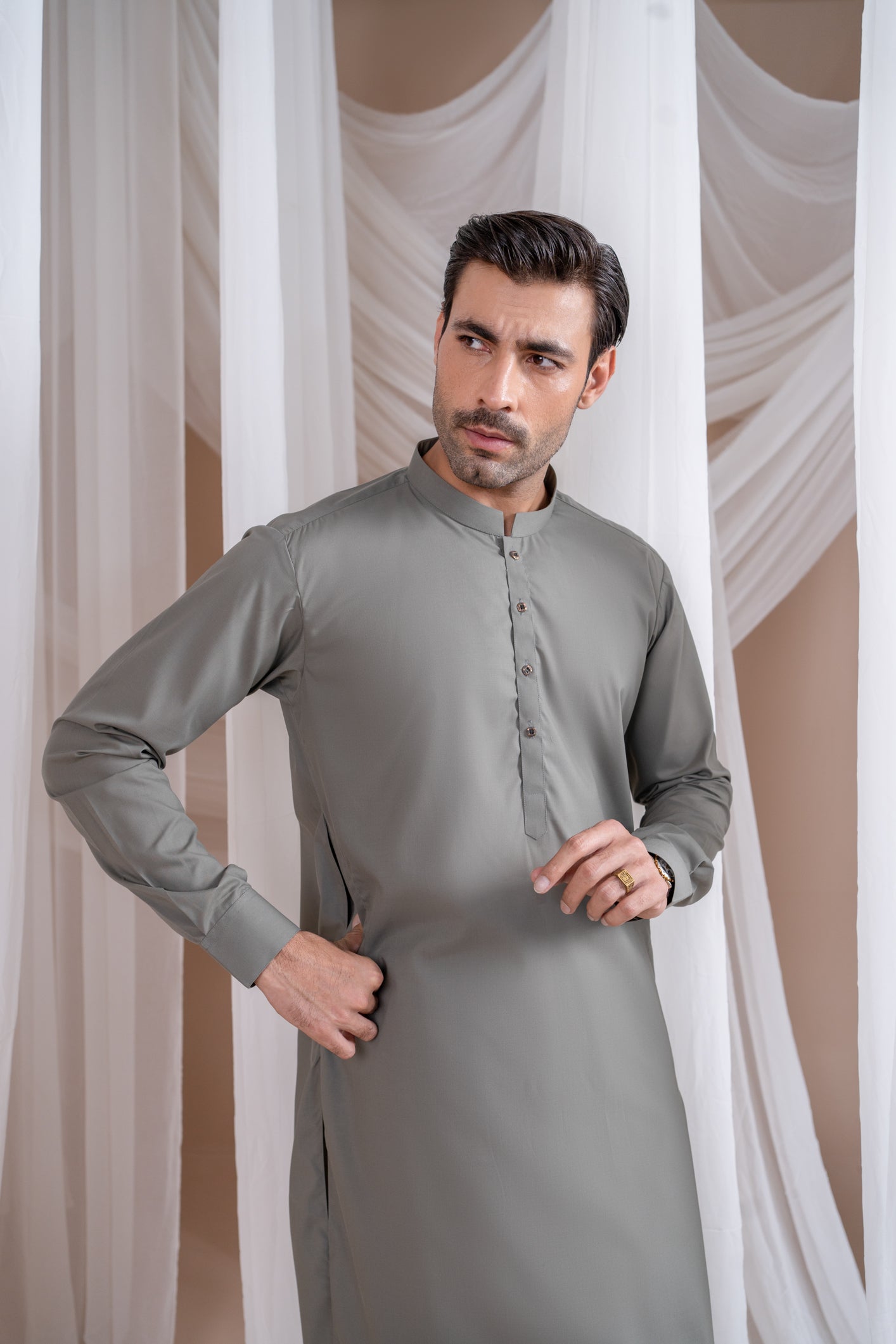 Sand Grey Luxury Blended Kurta Shalwar (2-Piece) - Image 3