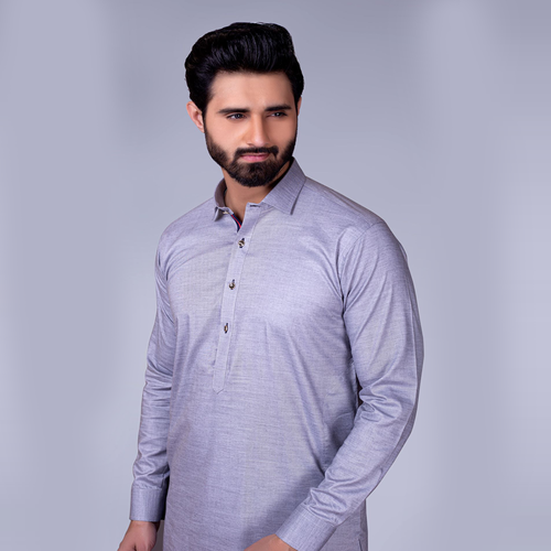 Light Grey Tonal Stitched Blended Kameez Shalwar (2-Piece) - Image 1