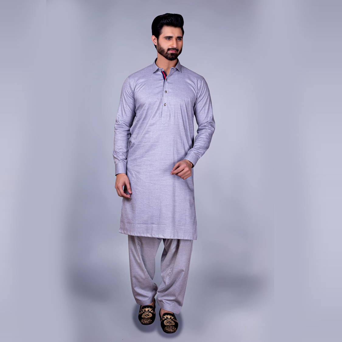 Light Grey Tonal Stitched Blended Kameez Shalwar (2-Piece) - Image 2