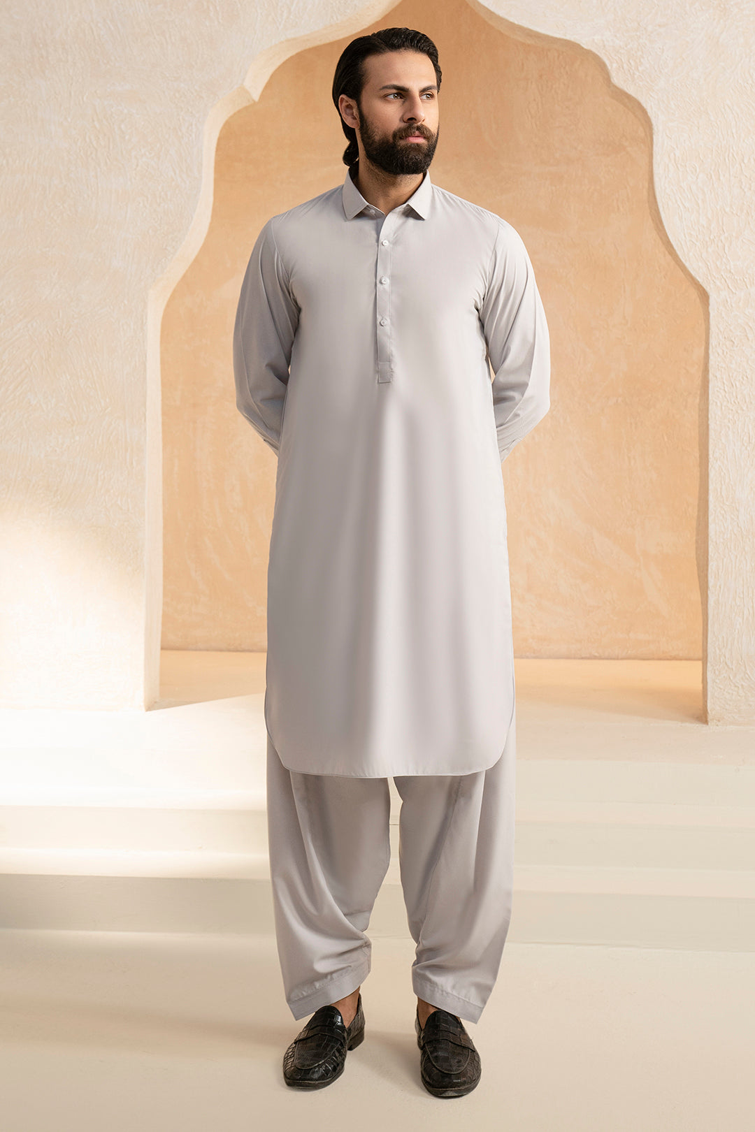 Grey Tonal-Stitched Blended Fabric Shalwar Kameez (2-Piece) - Image 2