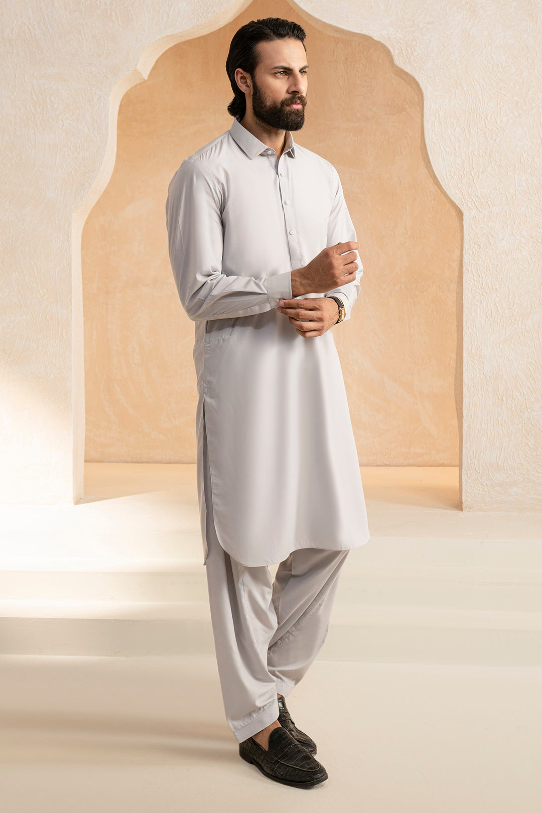 Grey Tonal-Stitched Blended Fabric Shalwar Kameez (2-Piece) - Image 4
