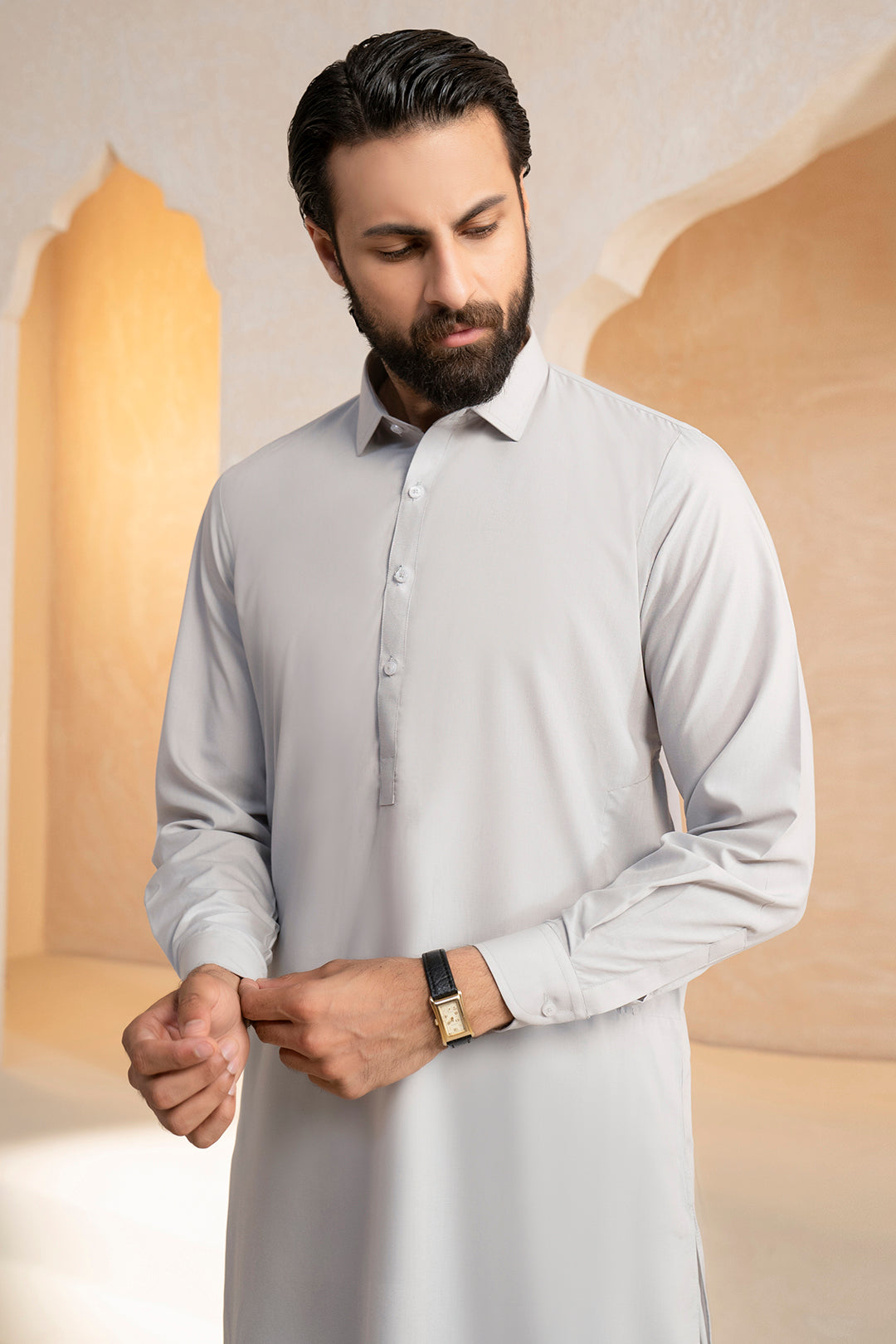 Grey Tonal-Stitched Blended Fabric Shalwar Kameez (2-Piece) - Image 6