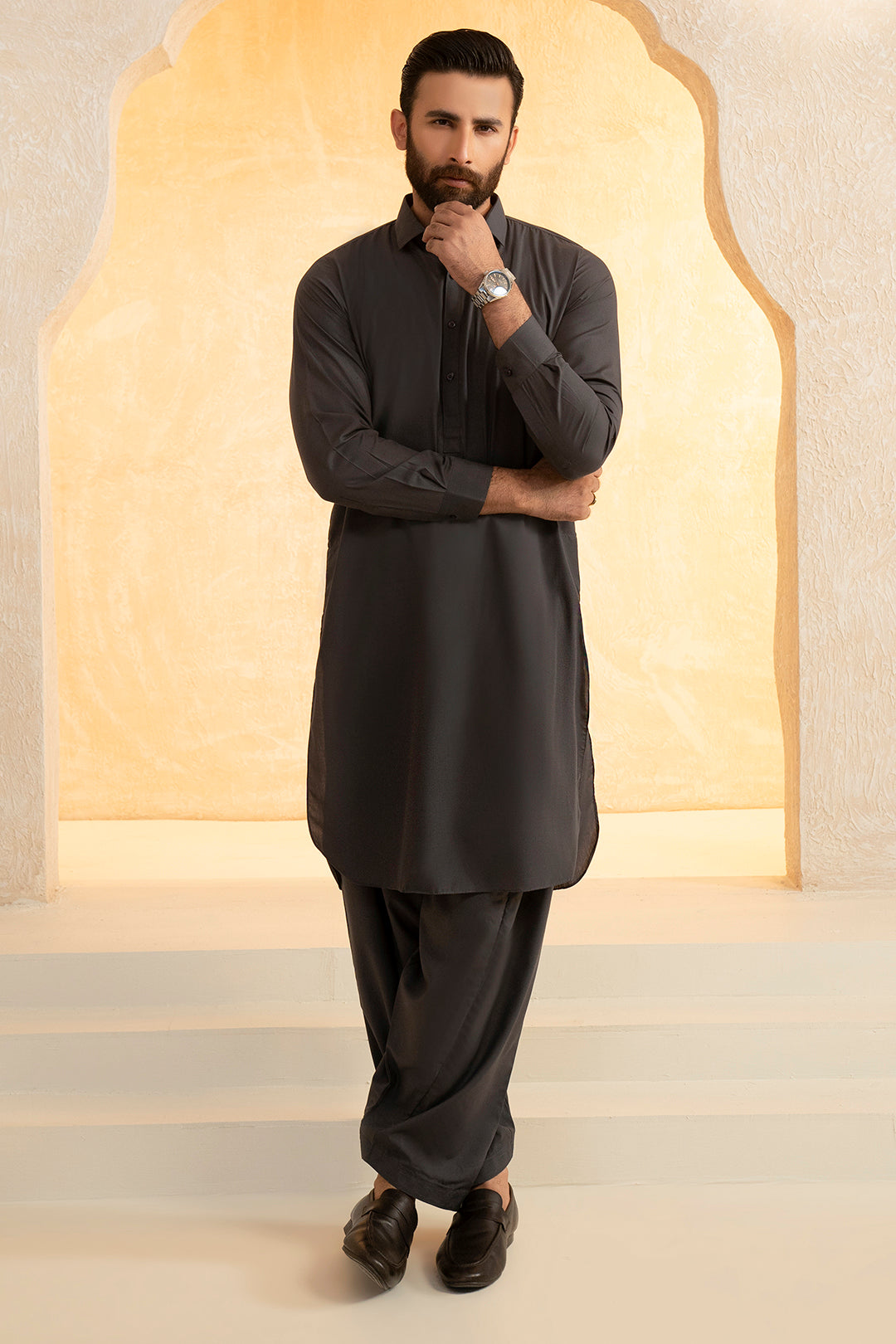 Dark Grey Blended Fabric Shalwar Kameez (2-Piece) - Image 3