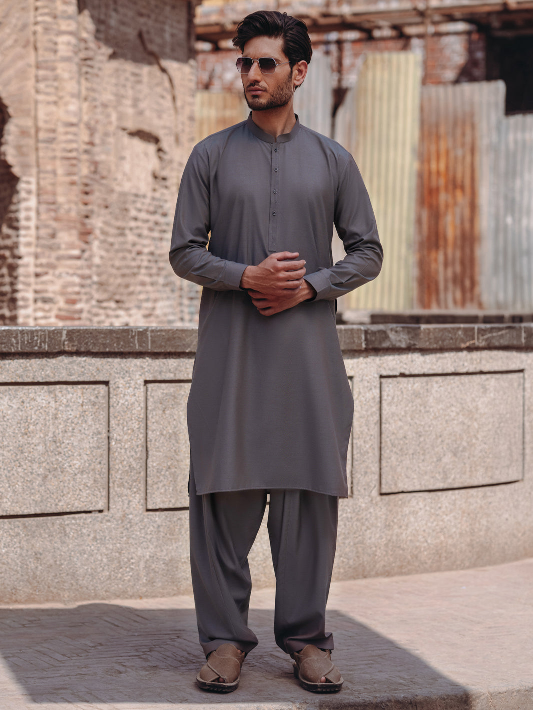 Grey Cut-and-Sew Blended Shalwar Kameez (2-Piece) - Image 1