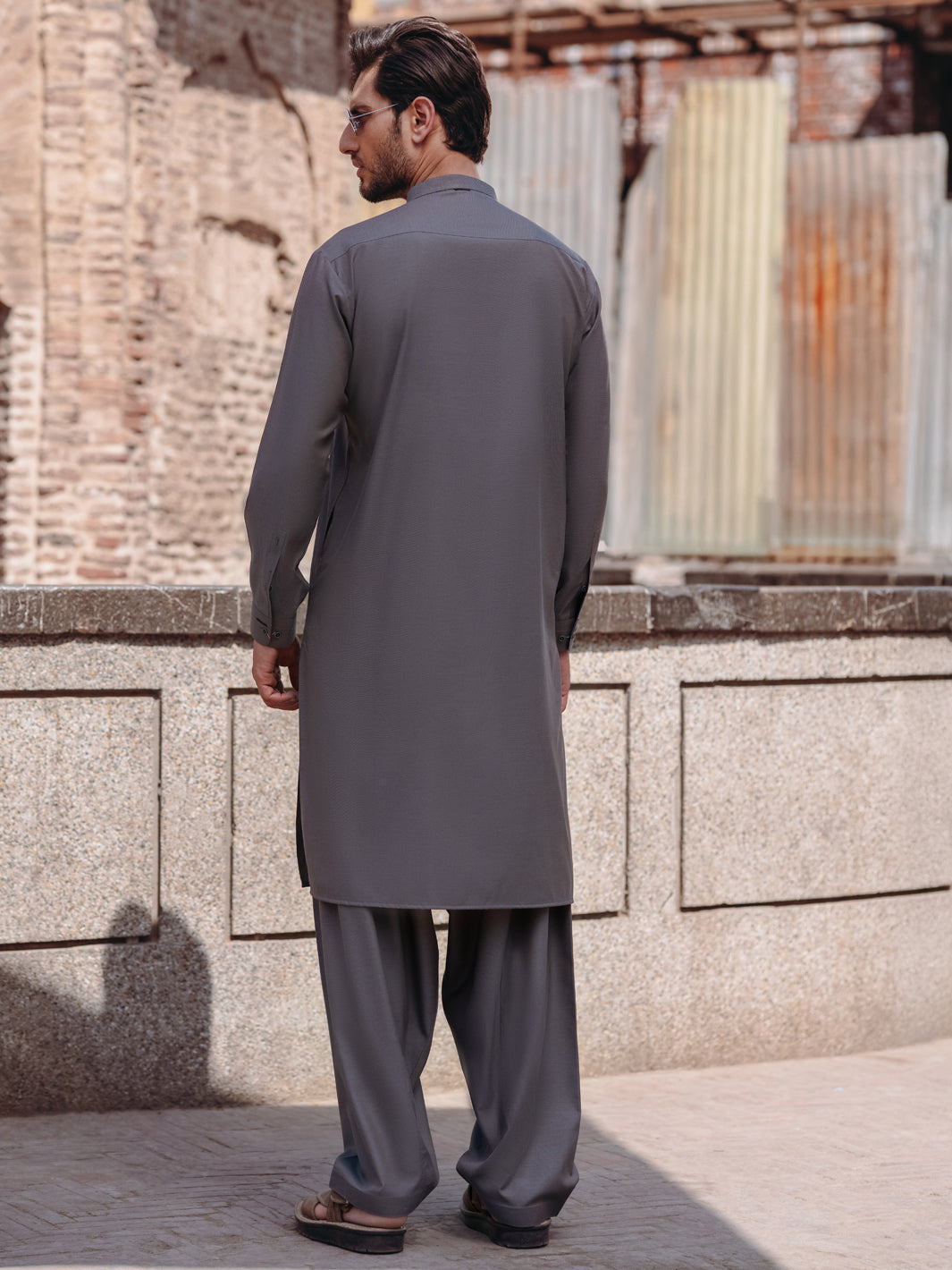 Grey Cut-and-Sew Blended Shalwar Kameez (2-Piece) - Image 4