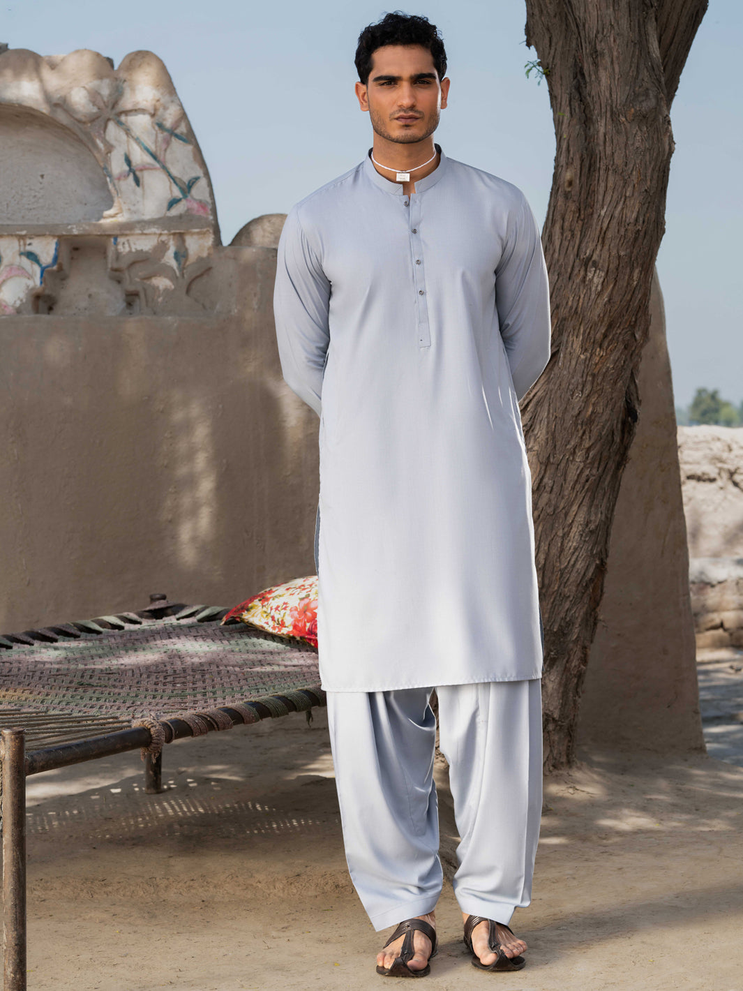Light Grey Minimal Stitch Blended Shalwar Kameez (2-Piece) - Image 1