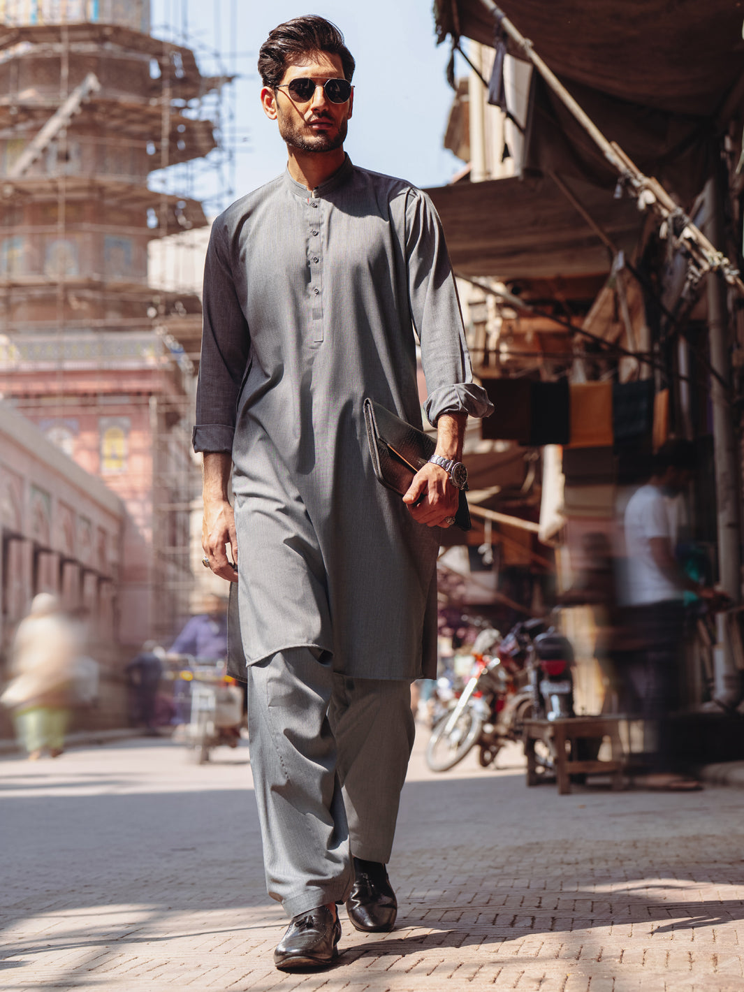 Grey Cut-and-Sew Blended Fabric Shalwar Kameez (2-Piece) - Image 1