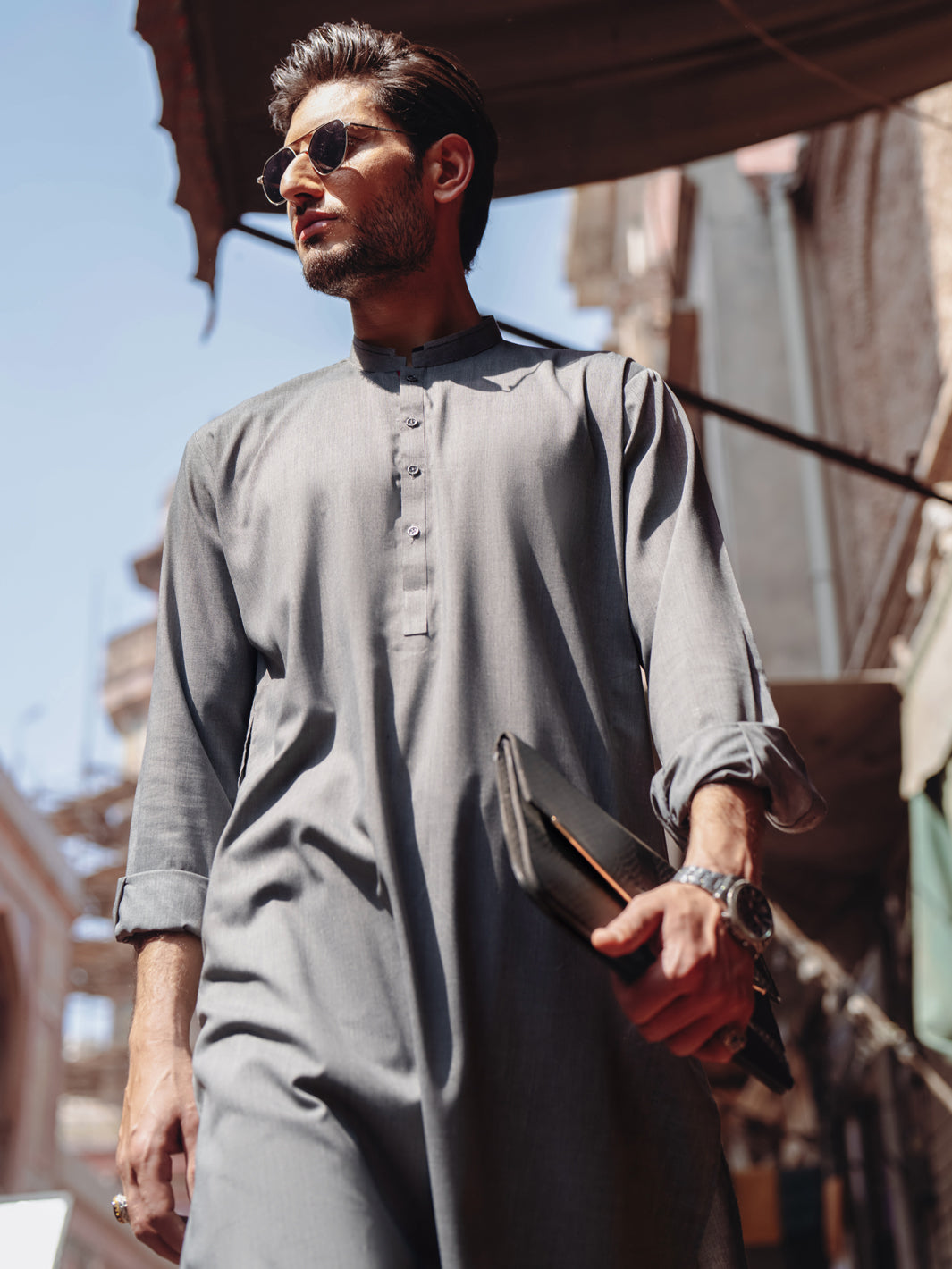 Grey Cut-and-Sew Blended Fabric Shalwar Kameez (2-Piece) - Image 2