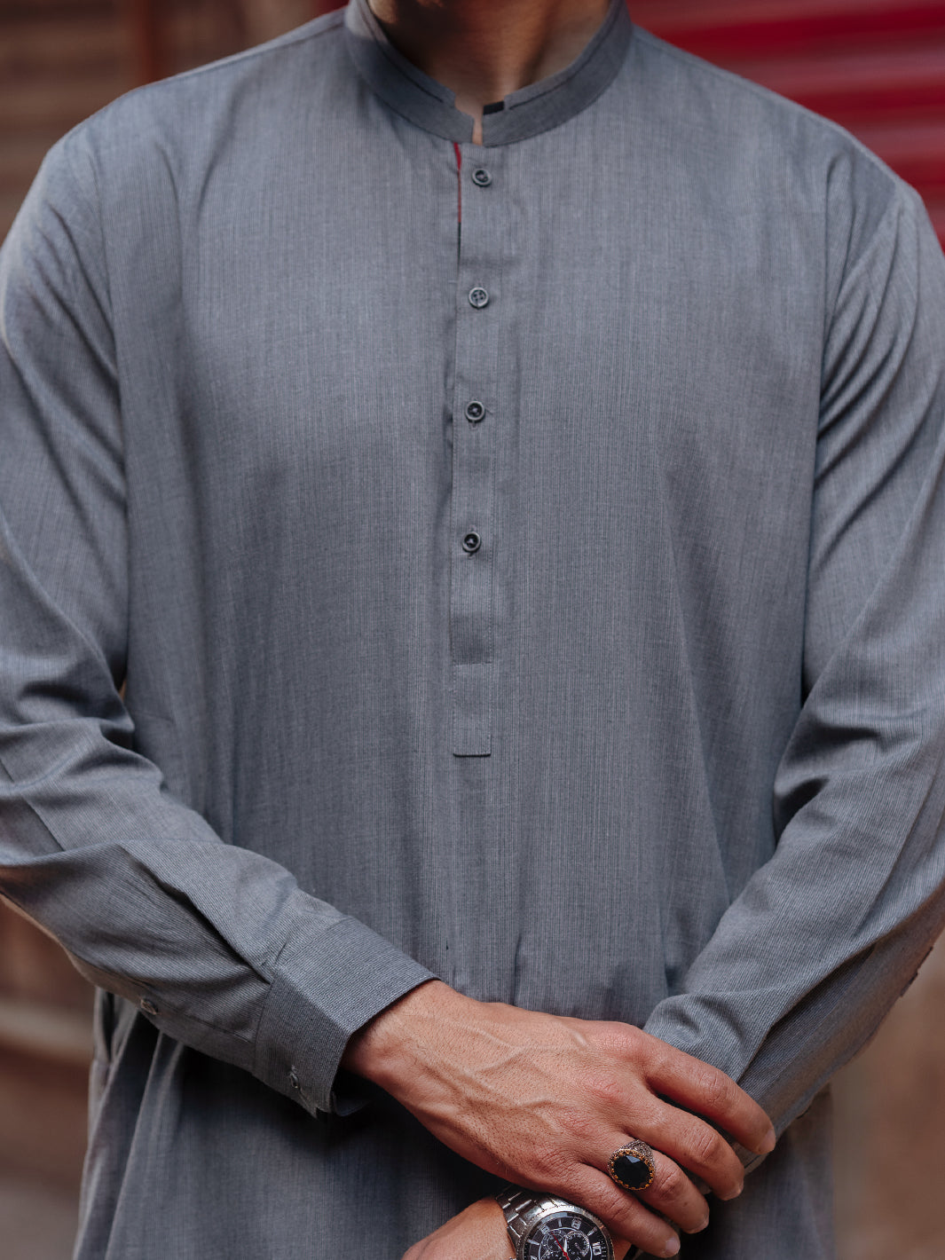 Grey Cut-and-Sew Blended Fabric Shalwar Kameez (2-Piece) - Image 3