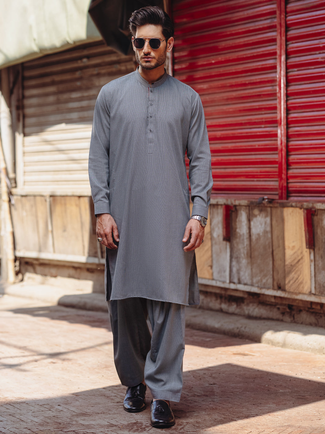 Grey Cut-and-Sew Blended Fabric Shalwar Kameez (2-Piece) - Image 4