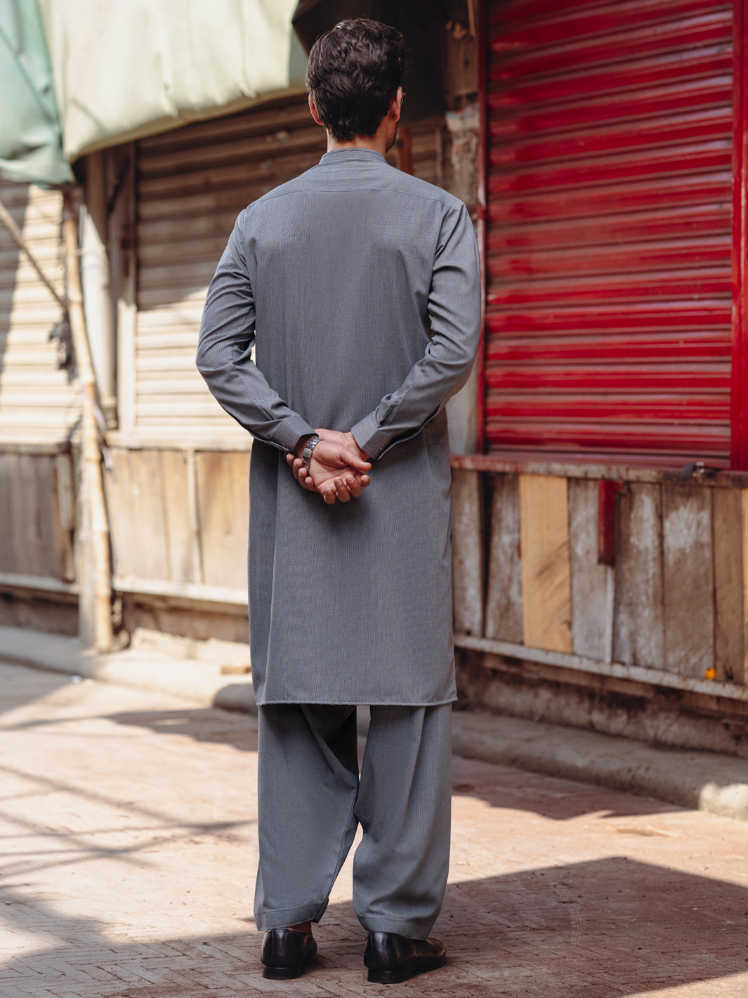 Grey Cut-and-Sew Blended Fabric Shalwar Kameez (2-Piece) - Image 5