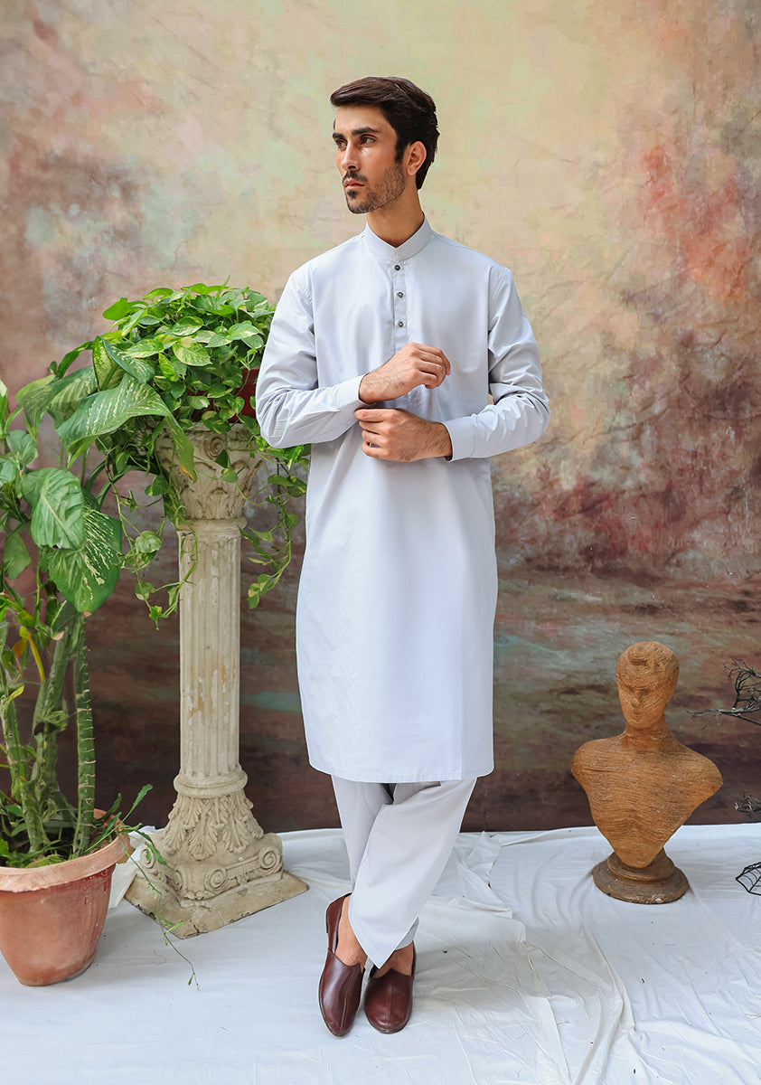 Pale Grey Cotton Classic Fit Shalwar Kameez (2-Piece) - Image 1