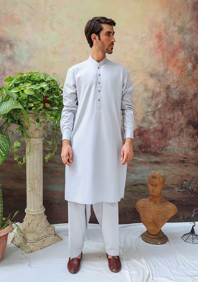 Pale Grey Cotton Classic Fit Shalwar Kameez (2-Piece) - Image 2