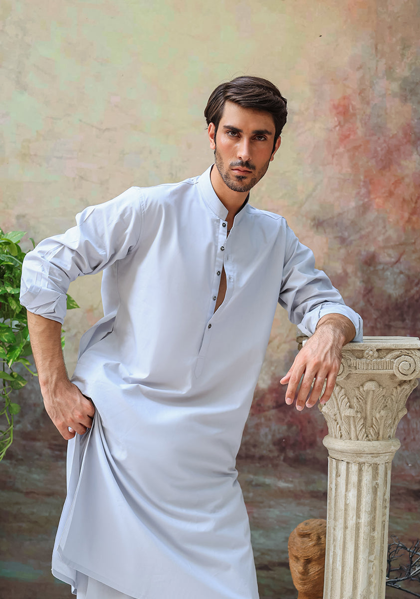 Pale Grey Cotton Classic Fit Shalwar Kameez (2-Piece) - Image 3