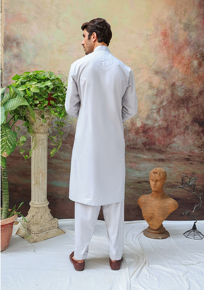 Pale Grey Cotton Classic Fit Shalwar Kameez (2-Piece) - Image 4