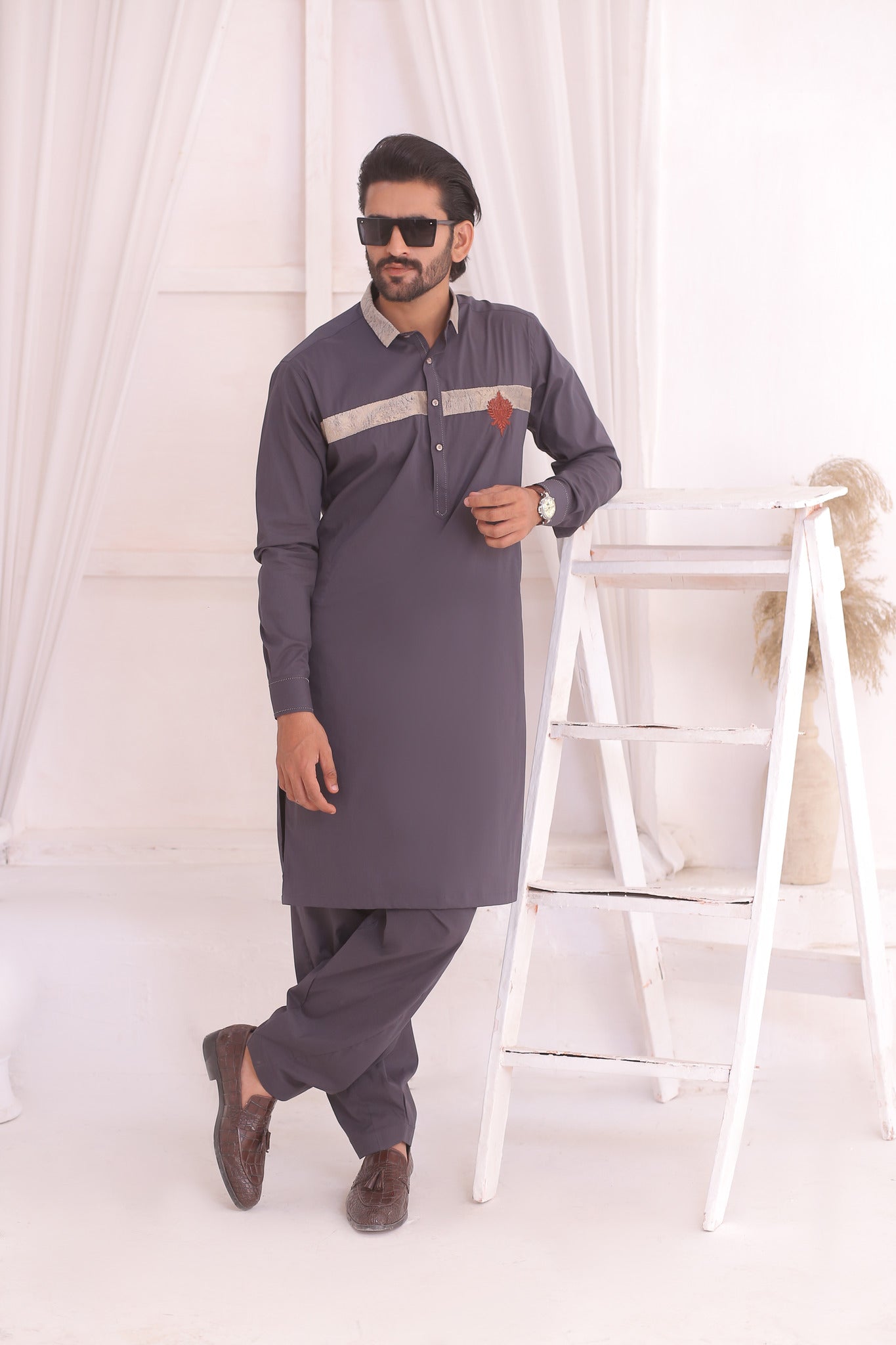 Grey Embroidered Cotton Blend Shalwar Kameez (2-Piece) - Image 1