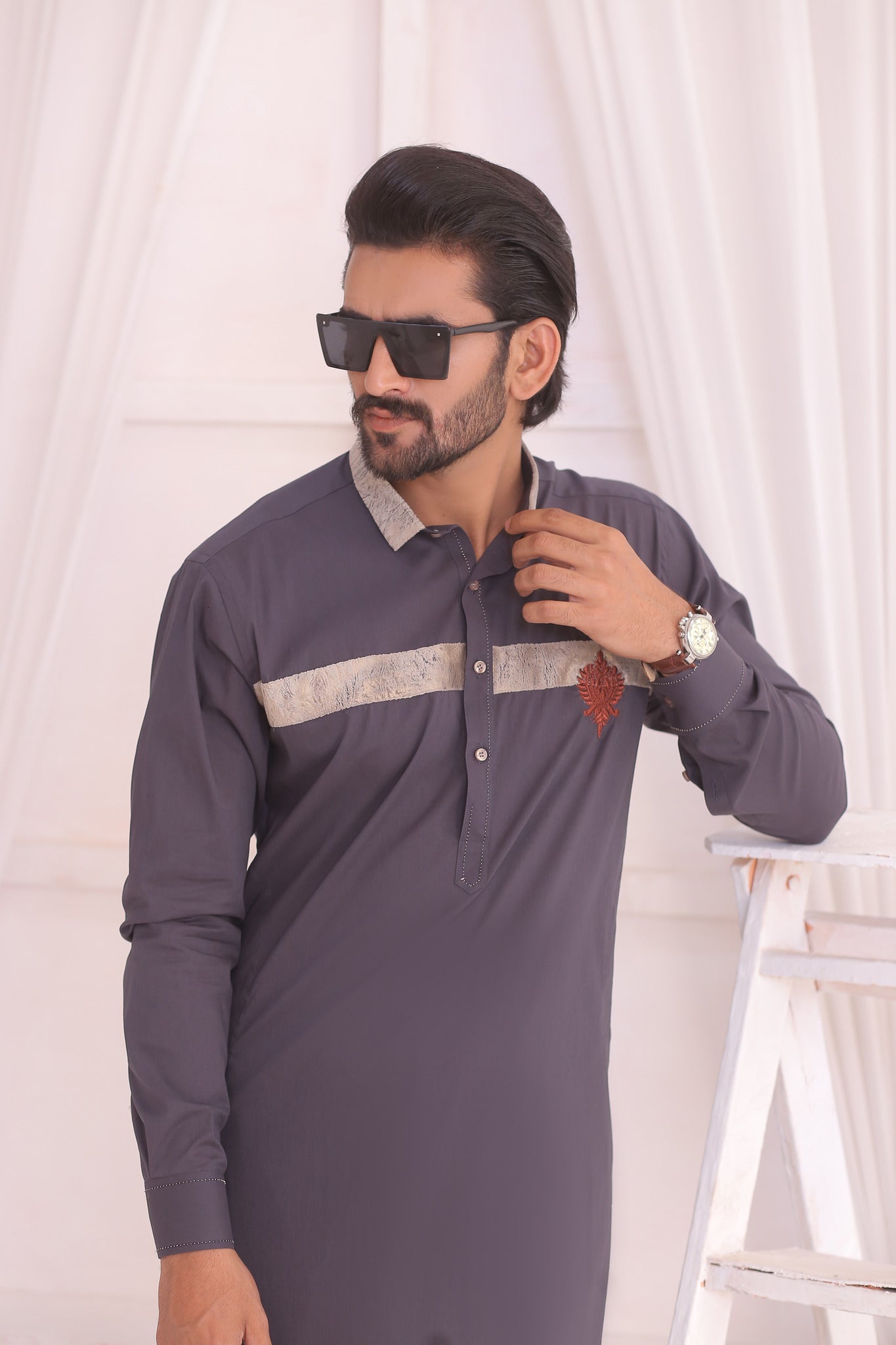 Grey Embroidered Cotton Blend Shalwar Kameez (2-Piece) - Image 4