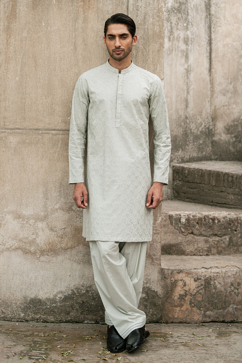 Ice Grey Embroidered Cotton Kurta Shalwar (2-Piece) - Image 2