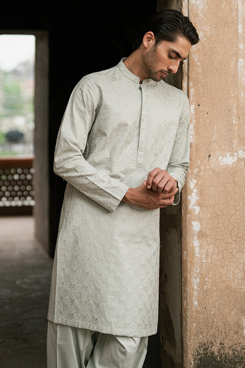 Ice Grey Embroidered Cotton Kurta Shalwar (2-Piece) - Image 3