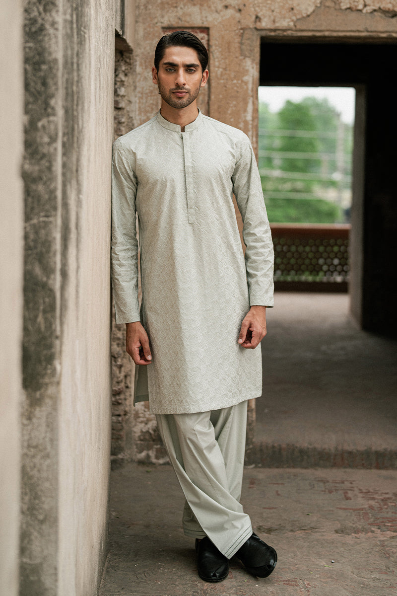 Ice Grey Embroidered Cotton Kurta Shalwar (2-Piece) - Image 5