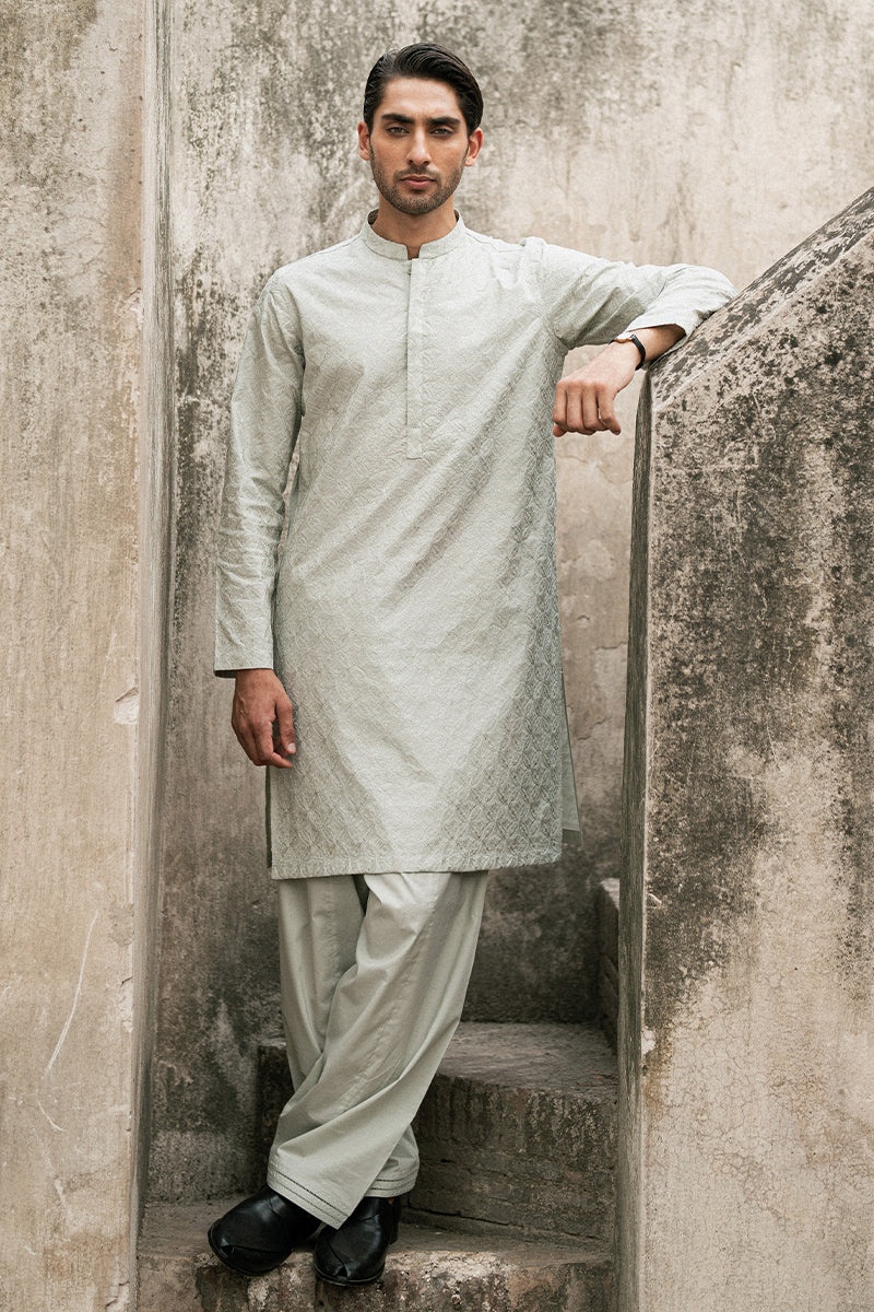 Ice Grey Embroidered Cotton Kurta Shalwar (2-Piece) - Image 7
