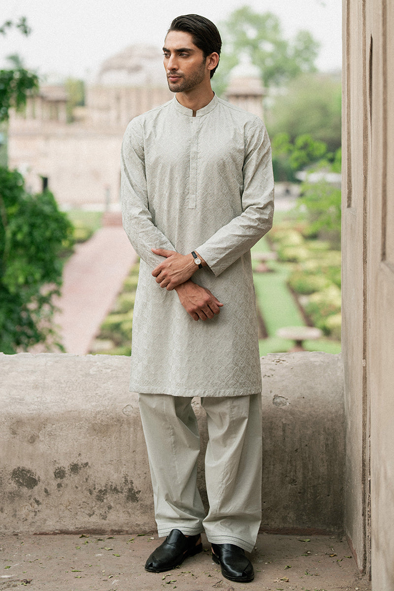 Ice Grey Embroidered Cotton Kurta Shalwar (2-Piece) - Image 8