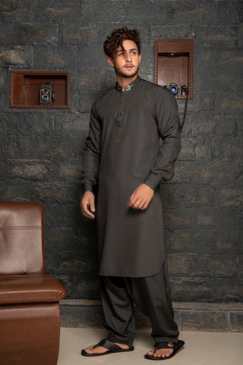 Charcoal Grey Plain Cotton-Polyester Shalwar Kameez (2-Piece) - Image 1