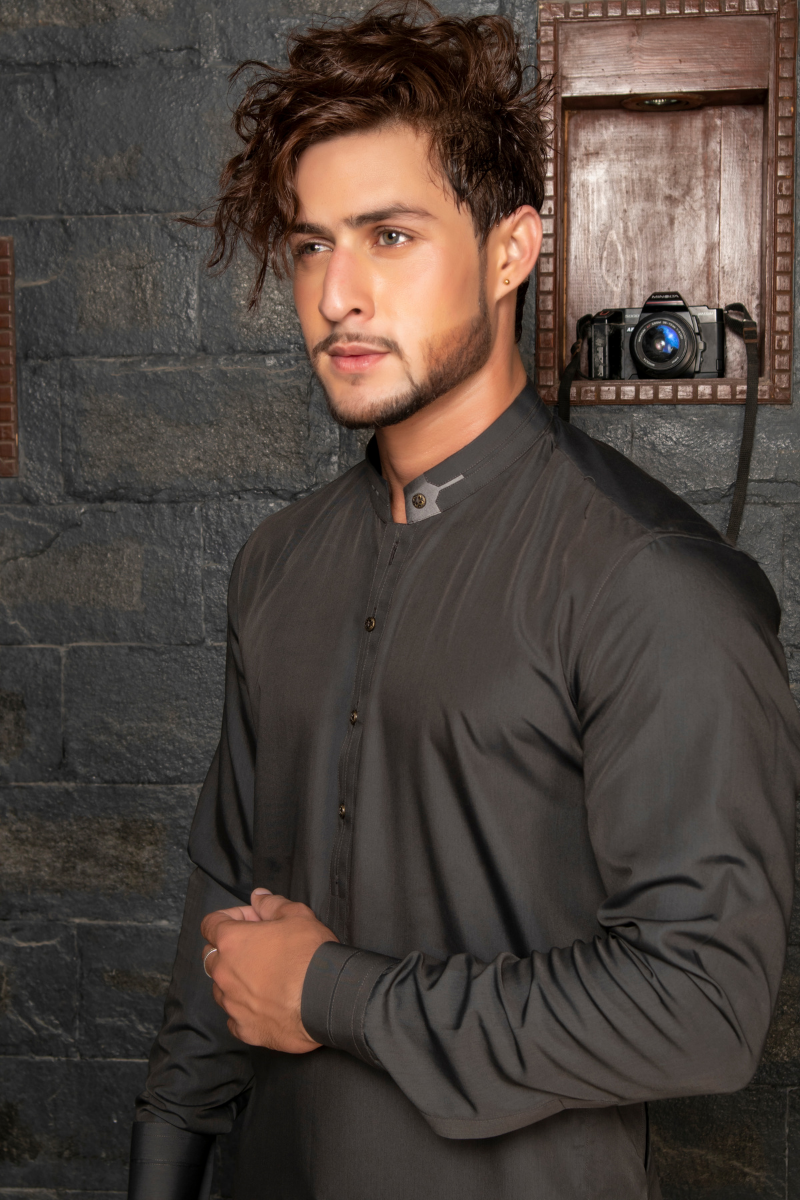 Charcoal Grey Plain Cotton-Polyester Shalwar Kameez (2-Piece) - Image 3