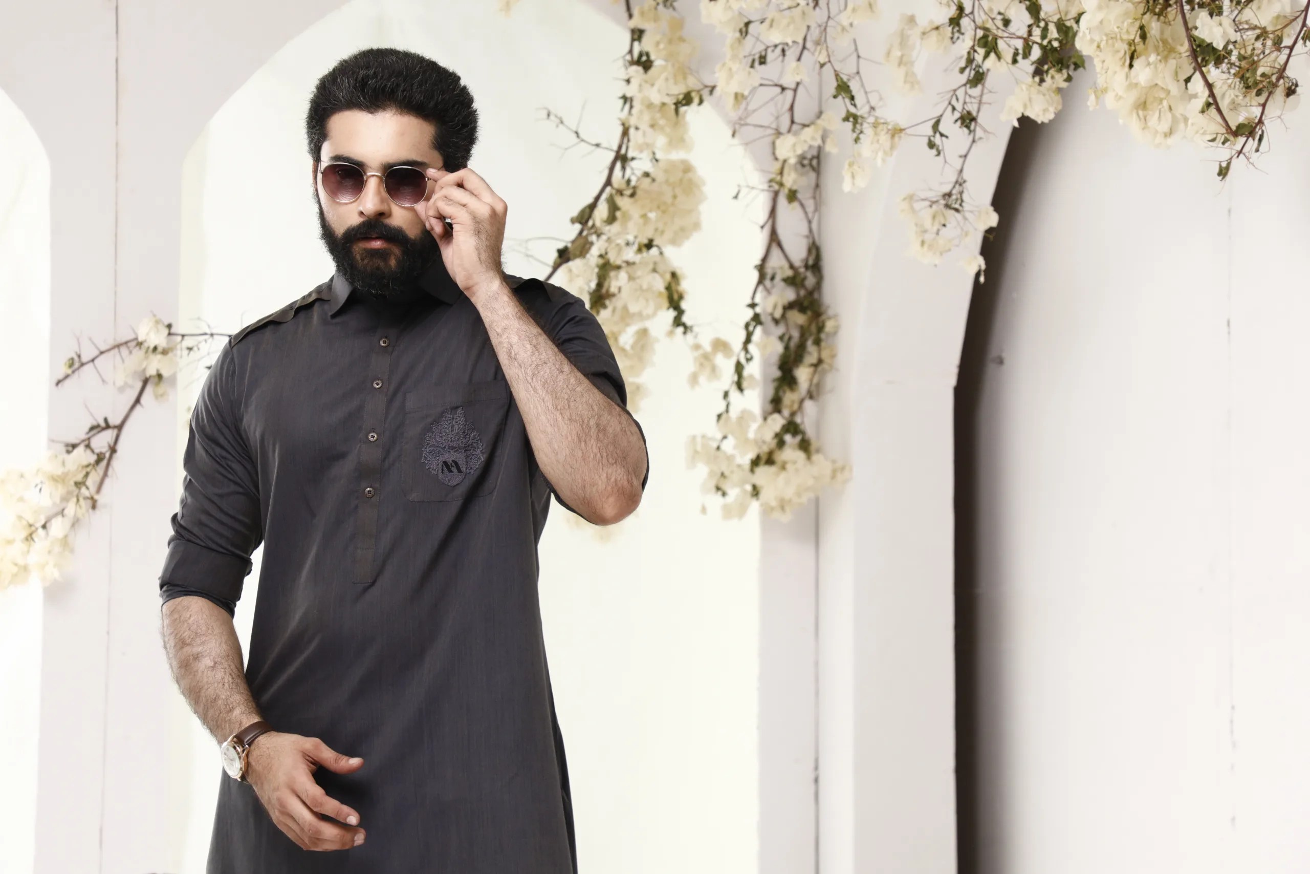 Charcoal Grey Embroidered Cotton Shalwar Kameez (2-Piece) - Image 1