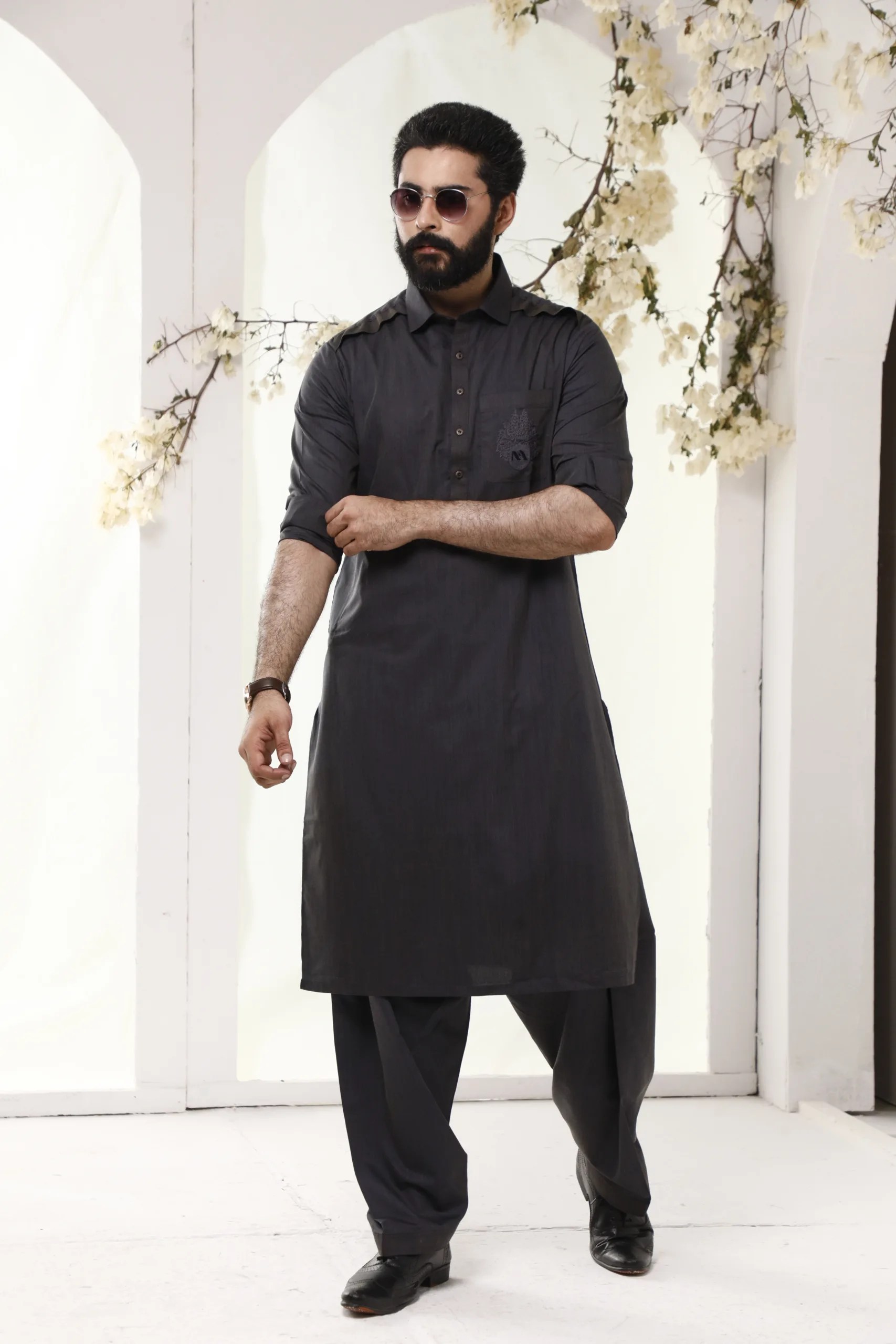 Charcoal Grey Embroidered Cotton Shalwar Kameez (2-Piece) - Image 2
