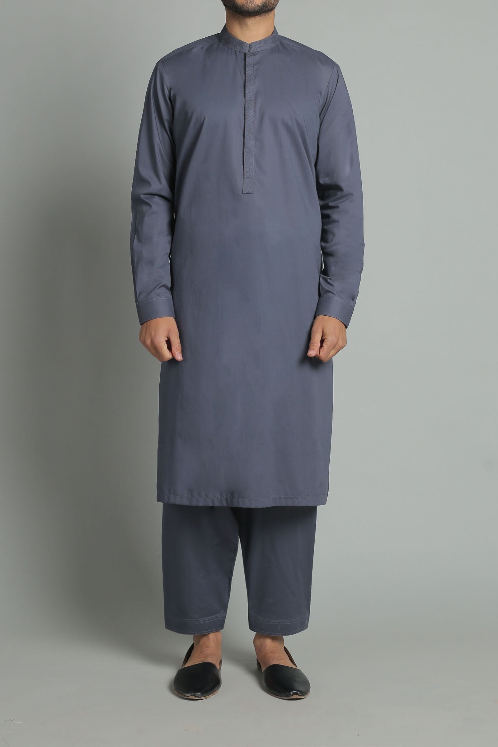 Grey Embroidered Egyptian Cotton Shalwar Kameez (2-Piece) - Image 1