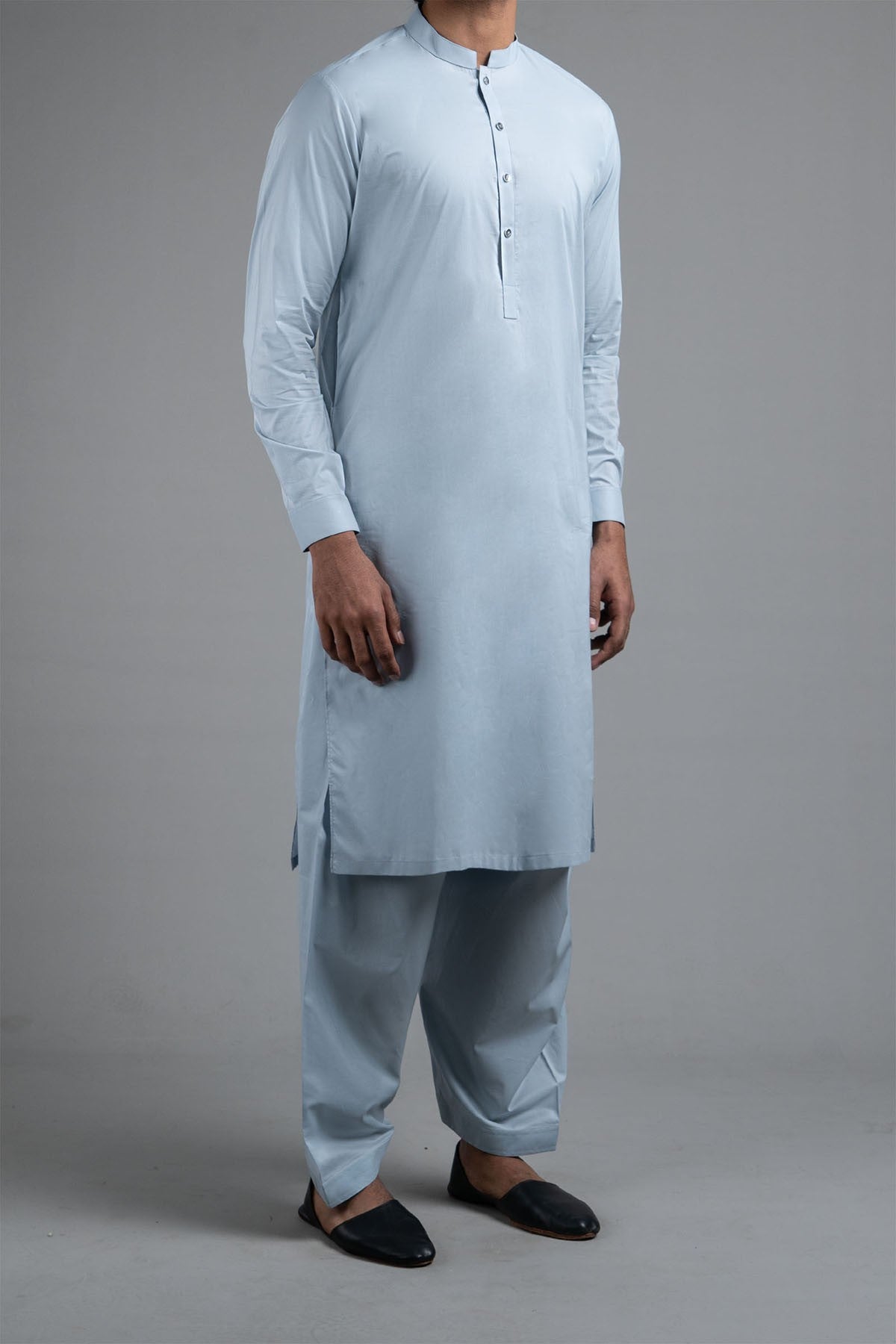 Grey Pima Cotton Band Collar Shalwar Kameez (2-Piece) - Image 1