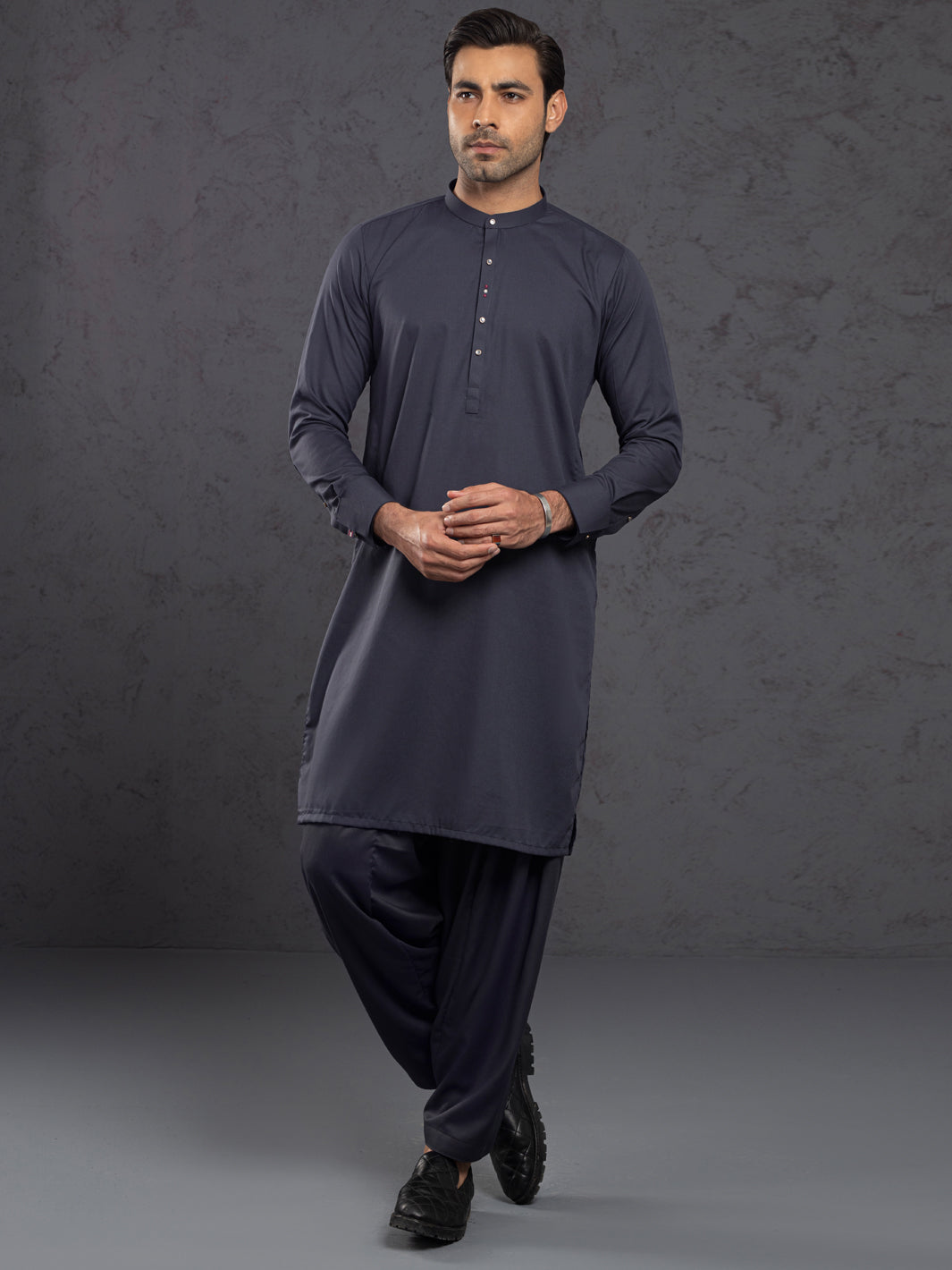 Grey Embroidered Polyester-Viscose Shalwar Kameez (2-Piece) - Image 1