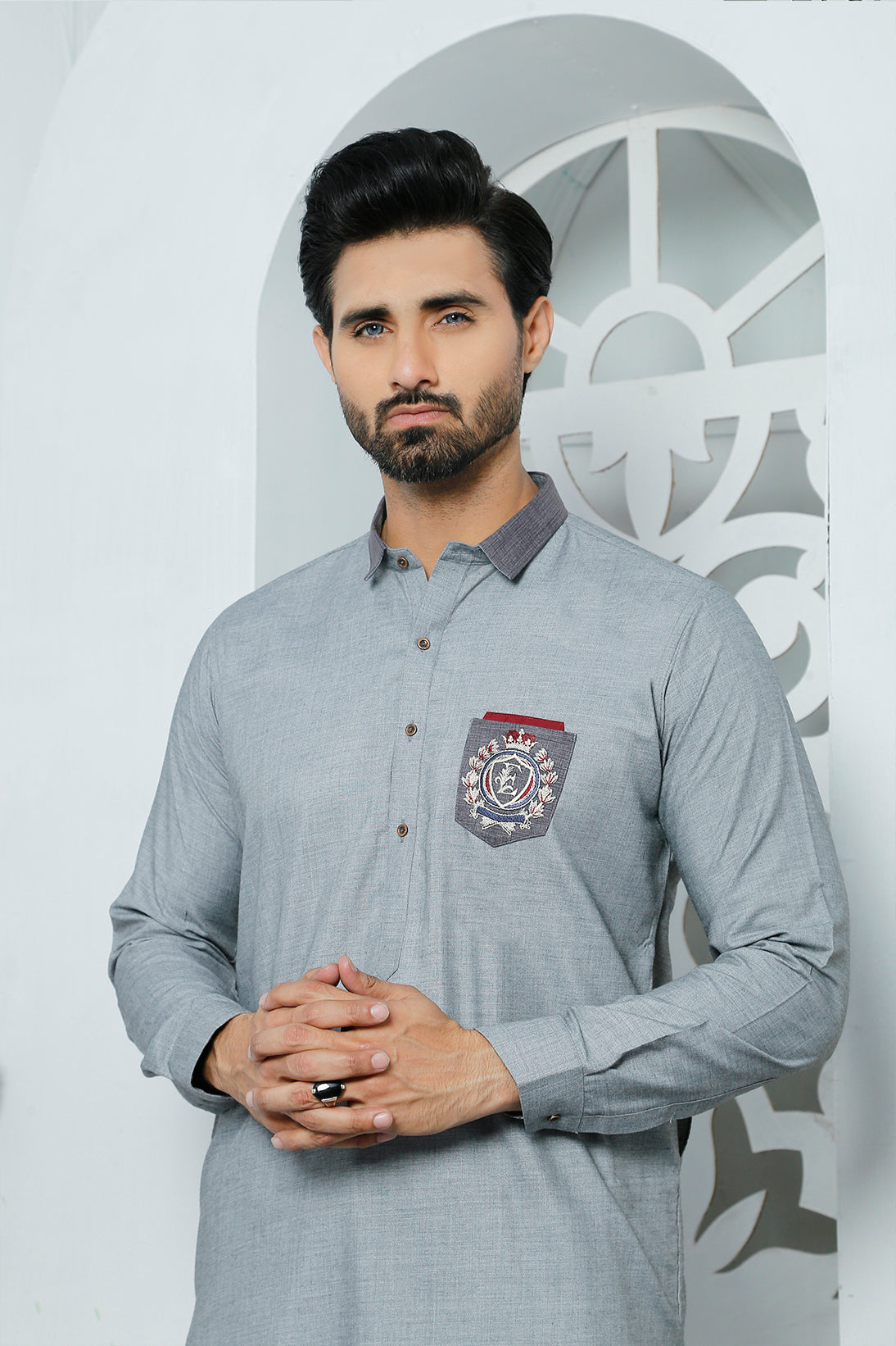 Grey Embroidered Shemrik Kurta Shalwar (2-Piece) - Image 1