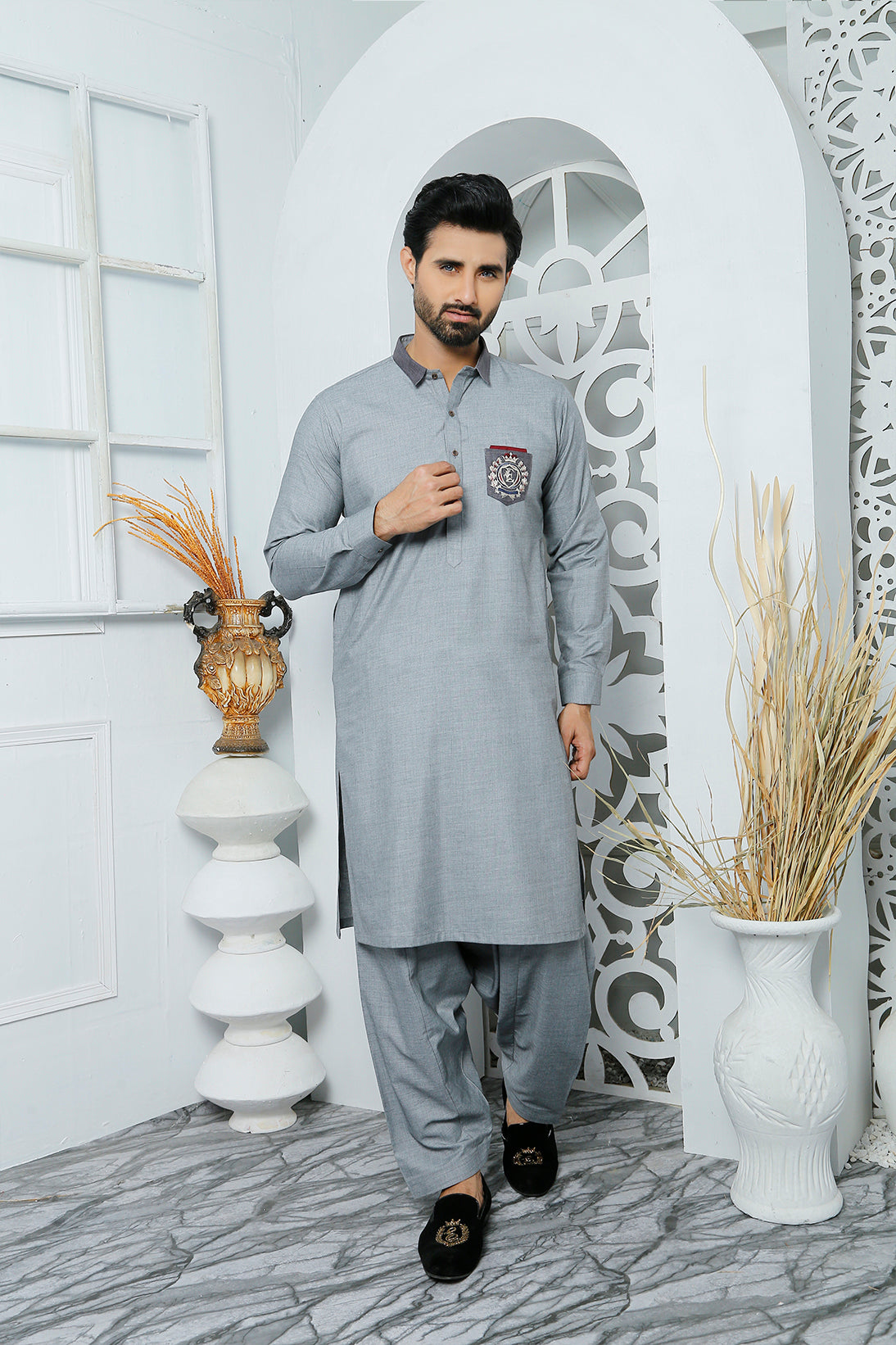 Grey Embroidered Shemrik Kurta Shalwar (2-Piece) - Image 2