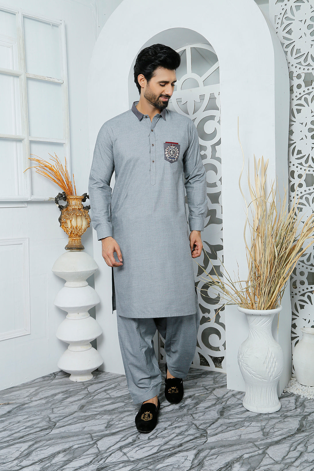 Grey Embroidered Shemrik Kurta Shalwar (2-Piece) - Image 3
