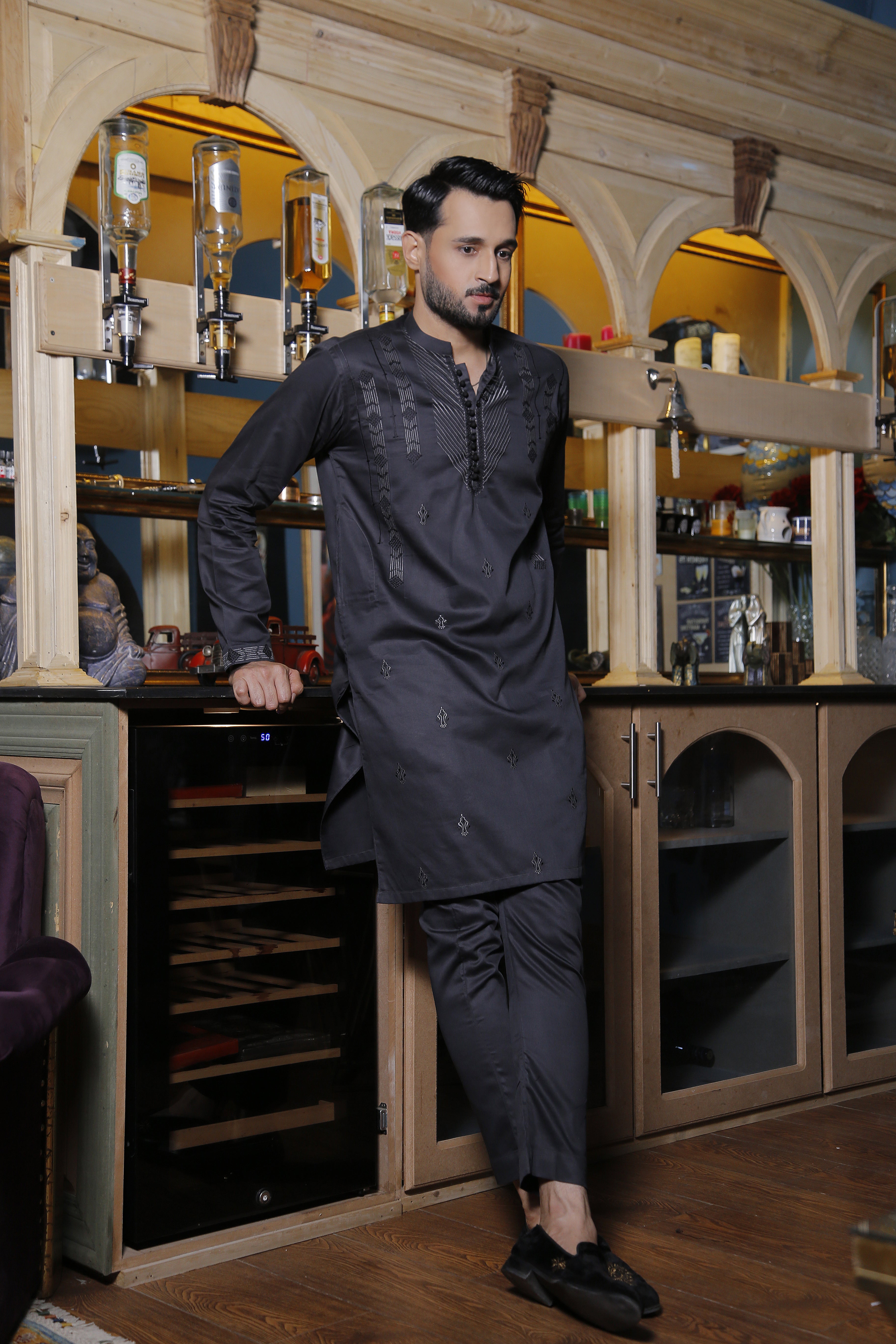 Grey Embroidered Synthetic-Silk Shalwar Kameez (2-Piece) - Image 1