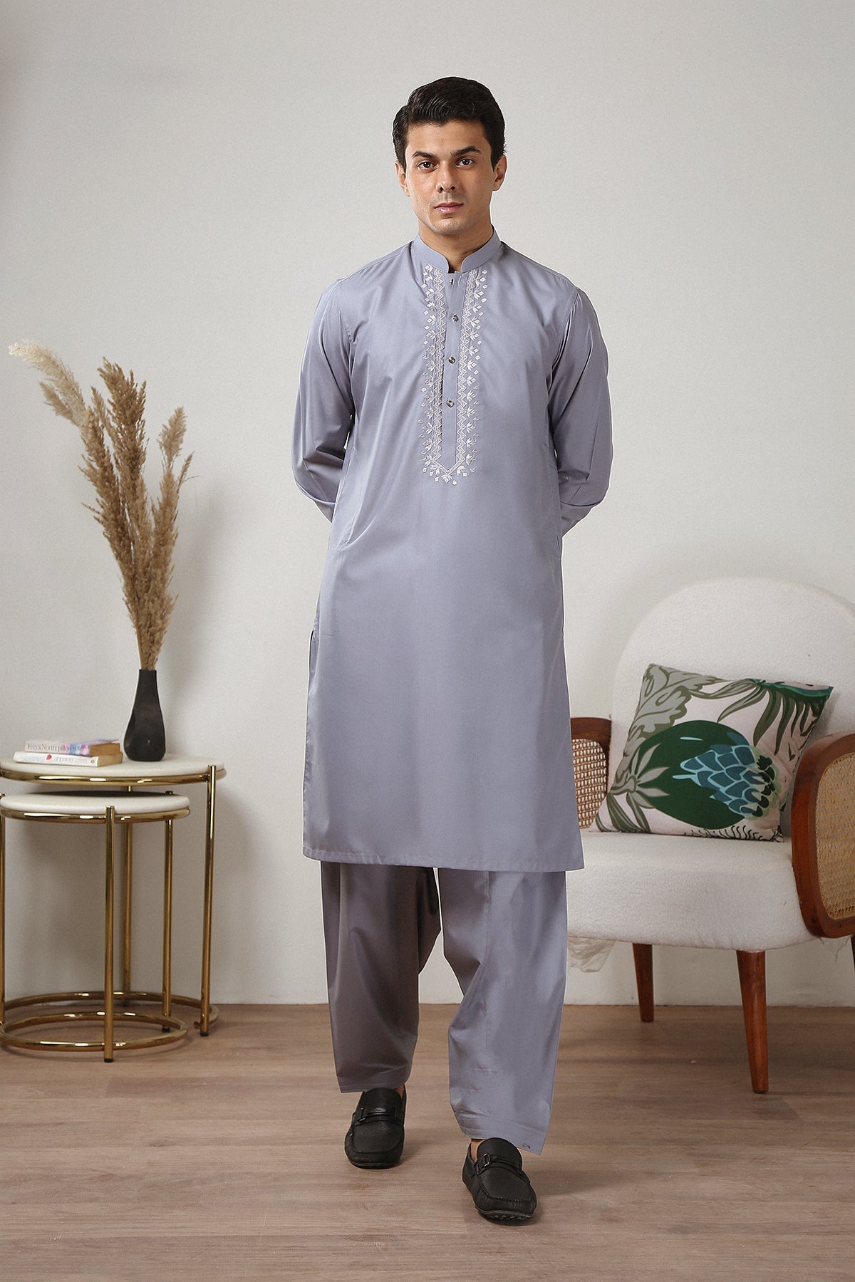 Grey Embroidered Toyobo Shalwar Kameez (2-Piece) - Image 1
