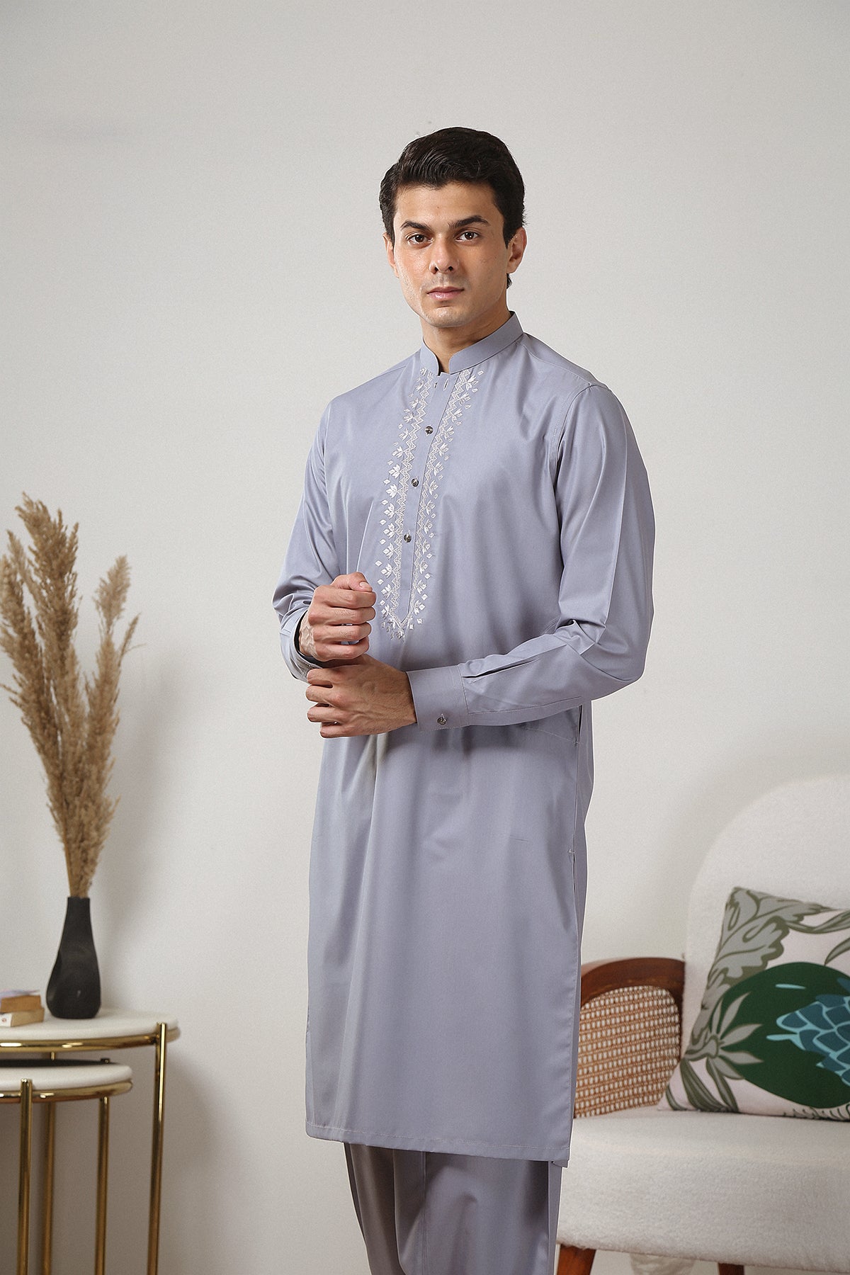 Grey Embroidered Toyobo Shalwar Kameez (2-Piece) - Image 3