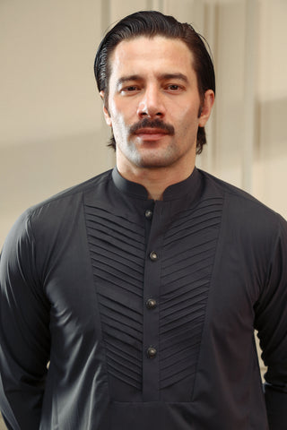 Dark Grey Pleated Wash & Wear Shalwar Kameez (2-Piece) - Image 2