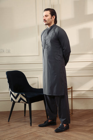 Dark Grey Pleated Wash & Wear Shalwar Kameez (2-Piece) - Image 4