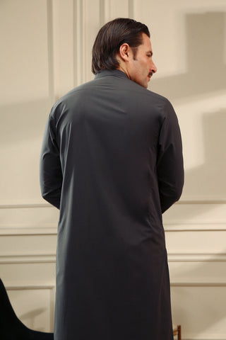 Dark Grey Pleated Wash & Wear Shalwar Kameez (2-Piece) - Image 7