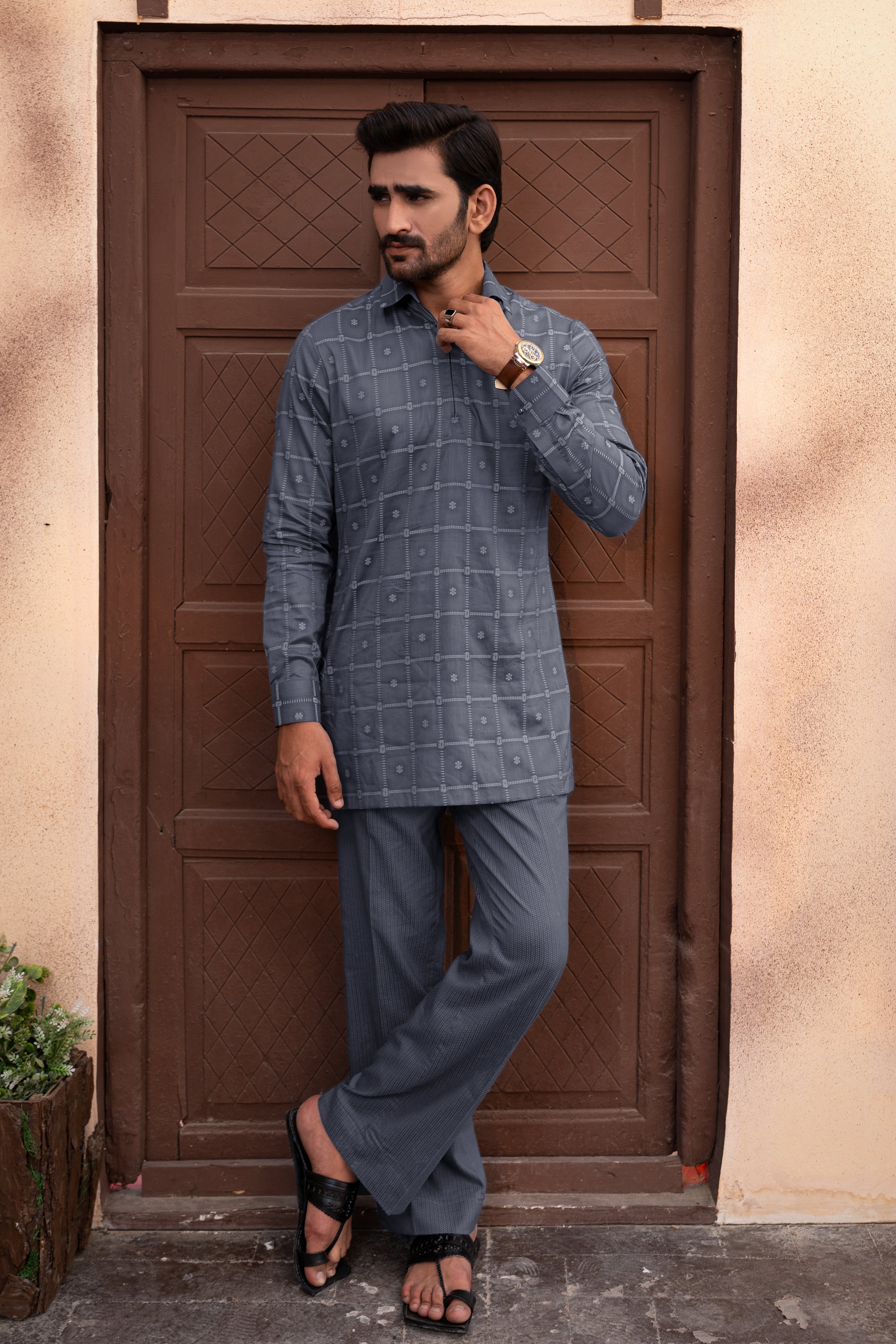 Slate Grey Jacquard Wash & Wear Shalwar Kameez (2-Piece) - Image 1