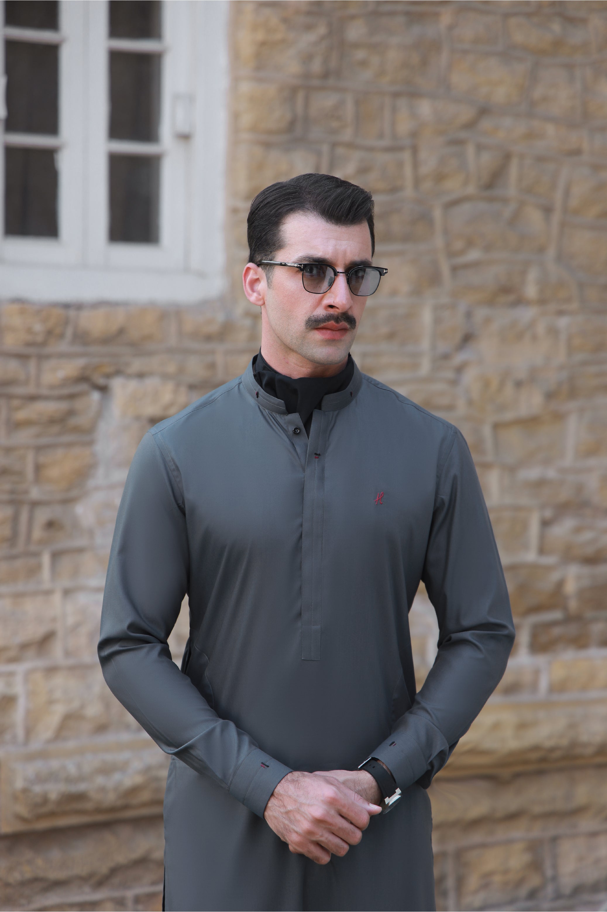 Grey Two-Tone Wash & Wear Shalwar Kameez (2-Piece) - Image 3