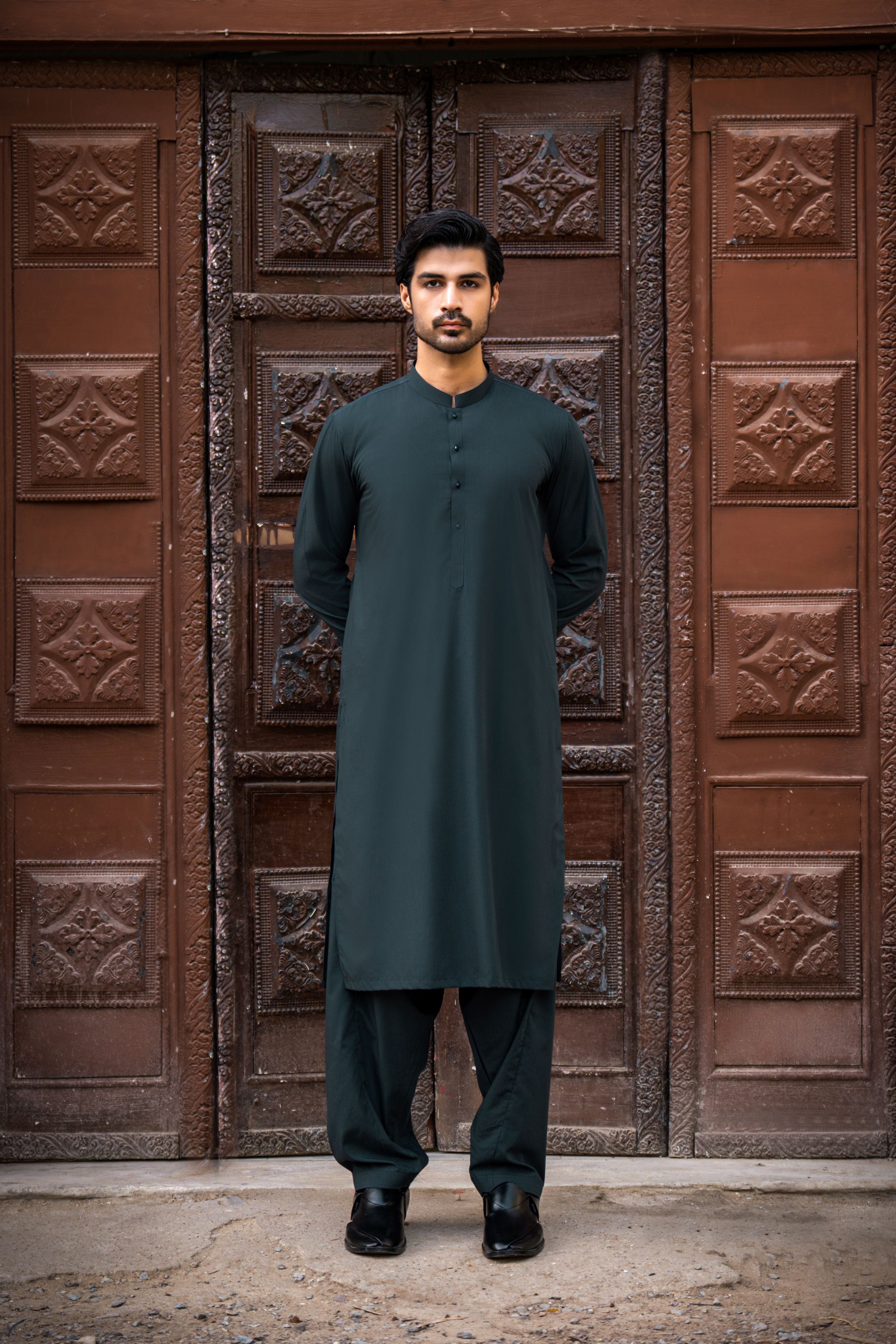 Dark Grey Wash & Wear Blended Shalwar Kameez (2-Piece) - Image 1